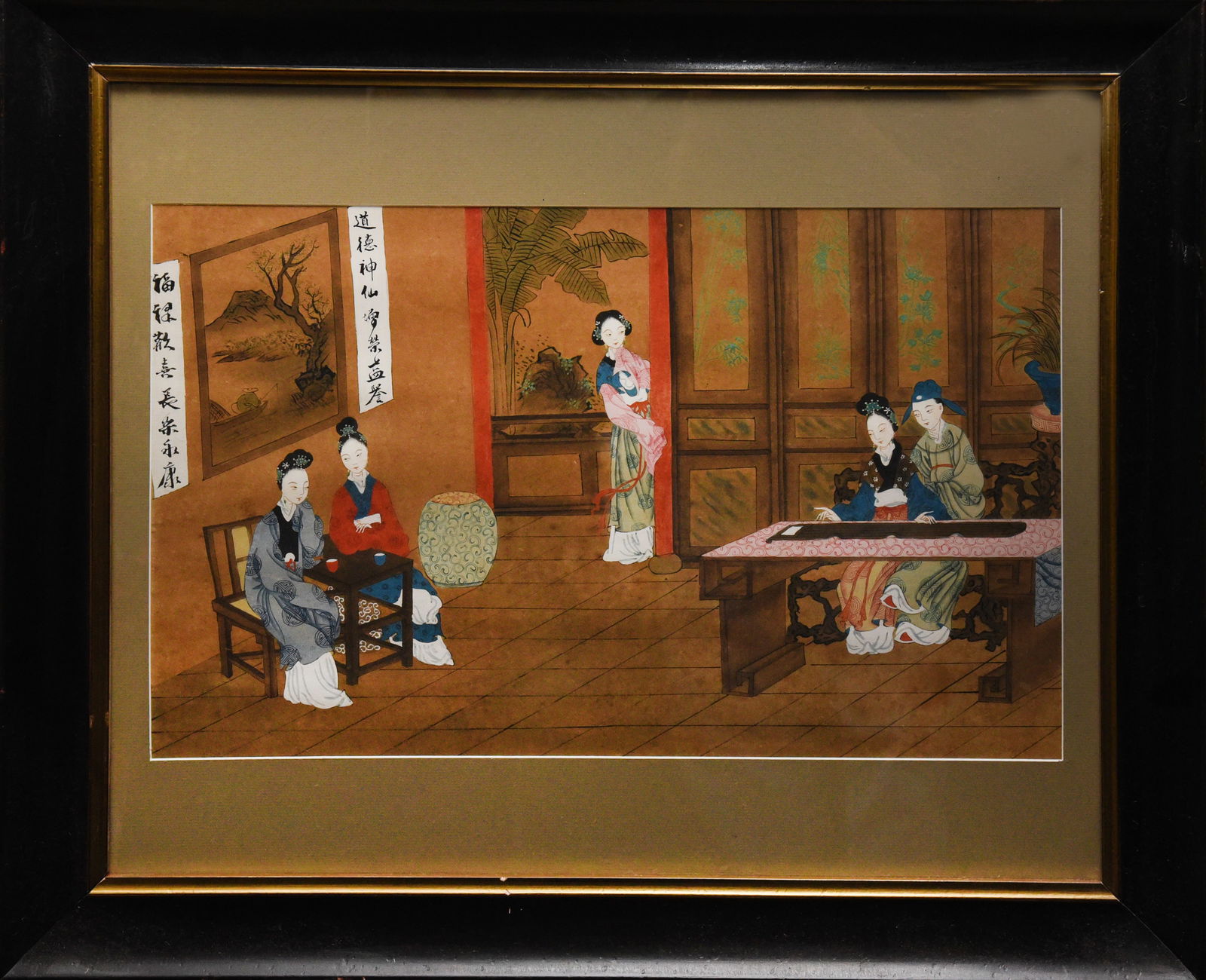 Gathering in the Garden: Vintage art print depicting a tranquil scene within a Chinese-inspired garden or interior. Features several figures engaged in conversation or leisurely activities. Dimensions: 27" x 41" framed.