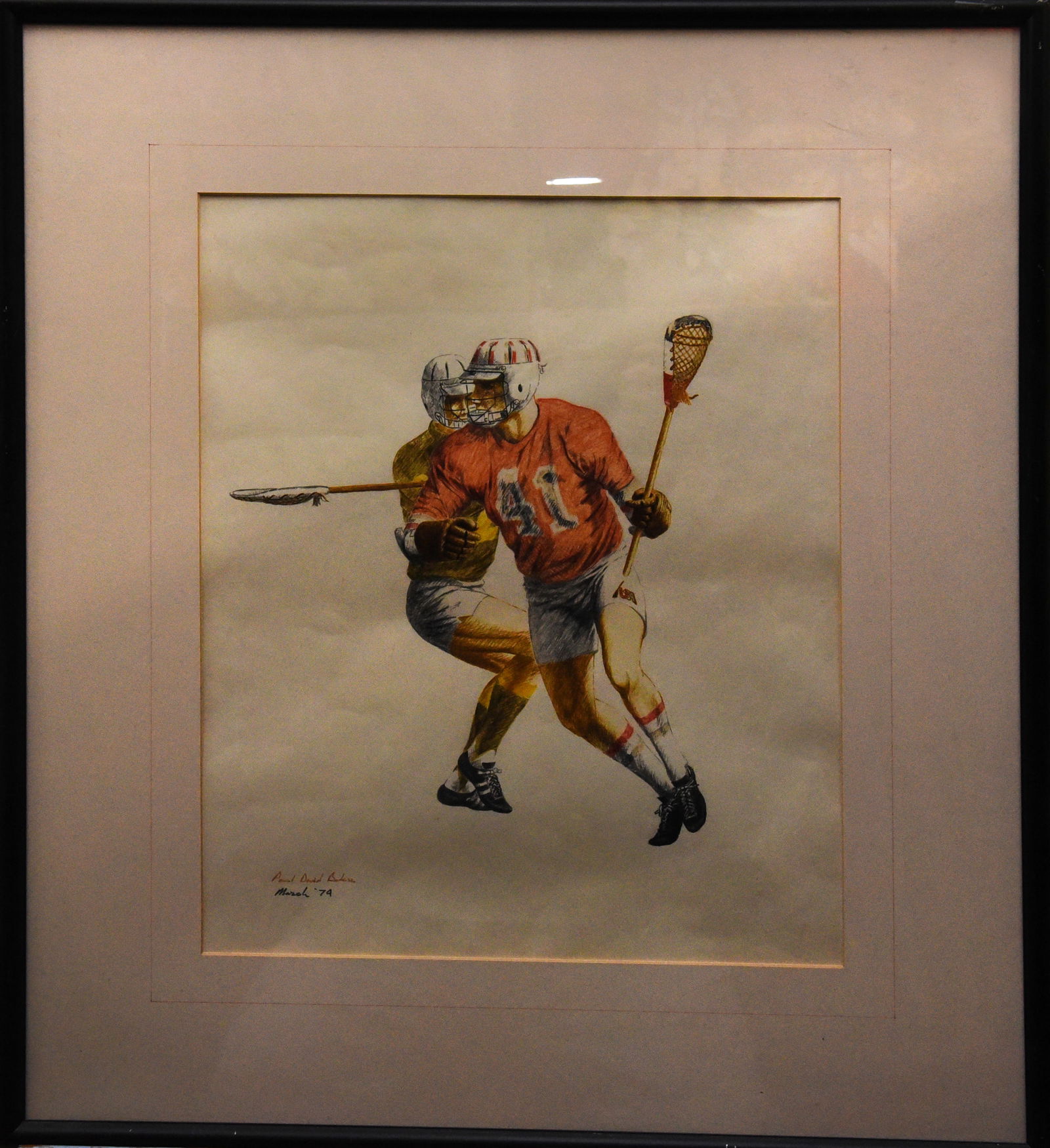 Lacrosse Action, 1974: Realistically rendered pencil drawing of a lacrosse match by David Paul Baker, signed "Paul David Baker" (lower left) and dated March '74. The drawing focuses on the physical interaction between two