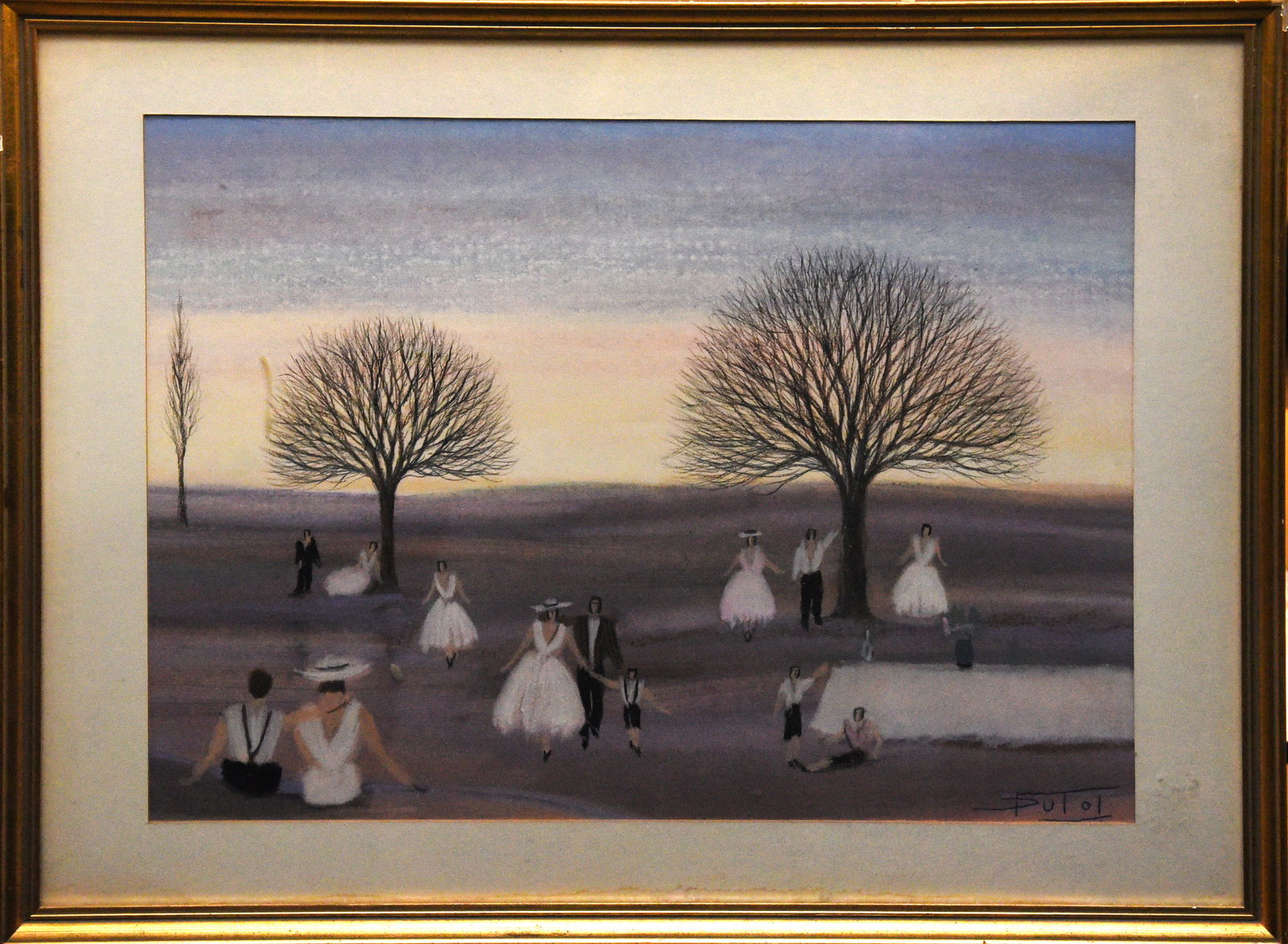 Gathering at Dusk ( Bruno Dutot): This pastel painting, by Bruno Dutot, sized 21" x 27", depicts a group of figures gathered in a landscape at dusk. The scene is bathed in a soft, ethereal light, with the setting sun casting long