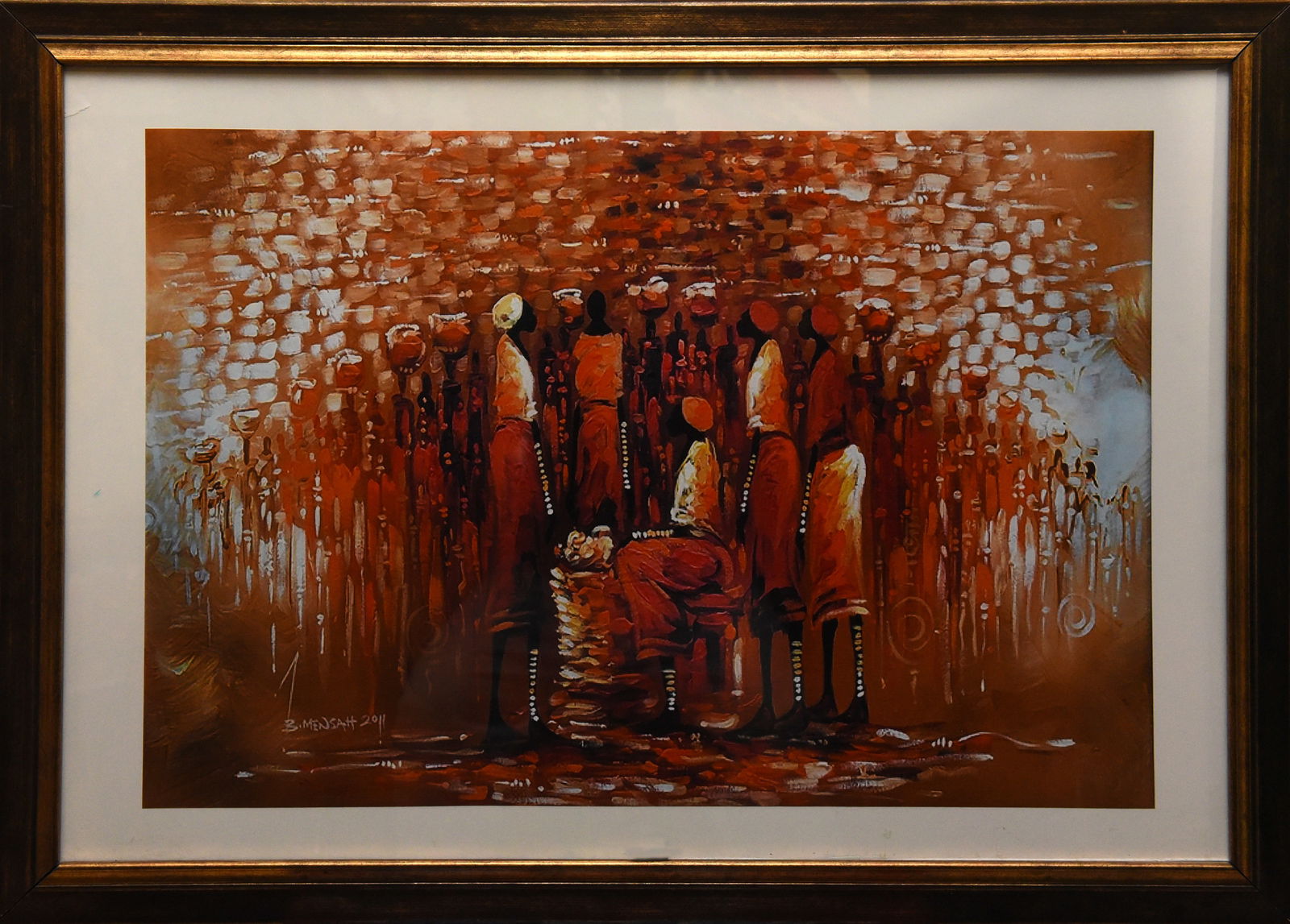 Gathering at Dusk: This evocative painting captures a serene moment of community as silhouetted figures converge in a textured, ochre-toned landscape. The composition centers around a seated figure surrounded by