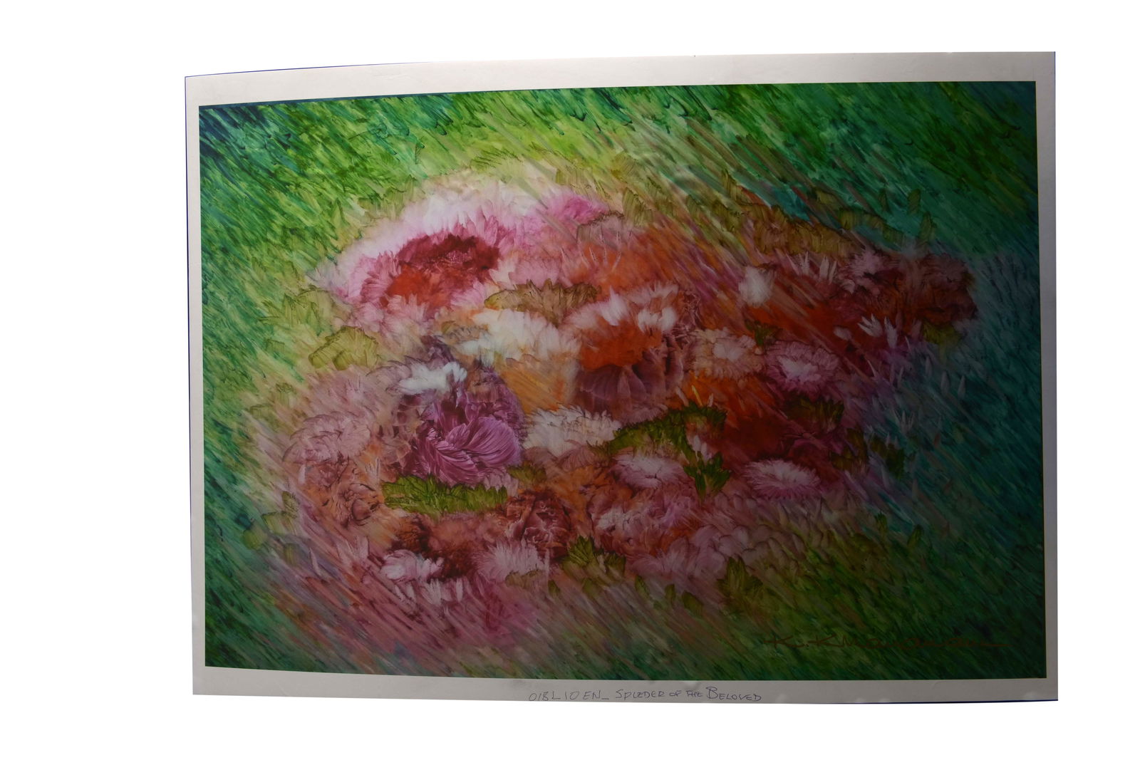 Floral Hues,Kamran Khavarani: This art giclée on canvas, signed by artist Kamran Khavarani, showcases a vibrant floral composition. Measuring 30" x 42", the artwork features a dynamic interplay of pink, red, and white blossoms
