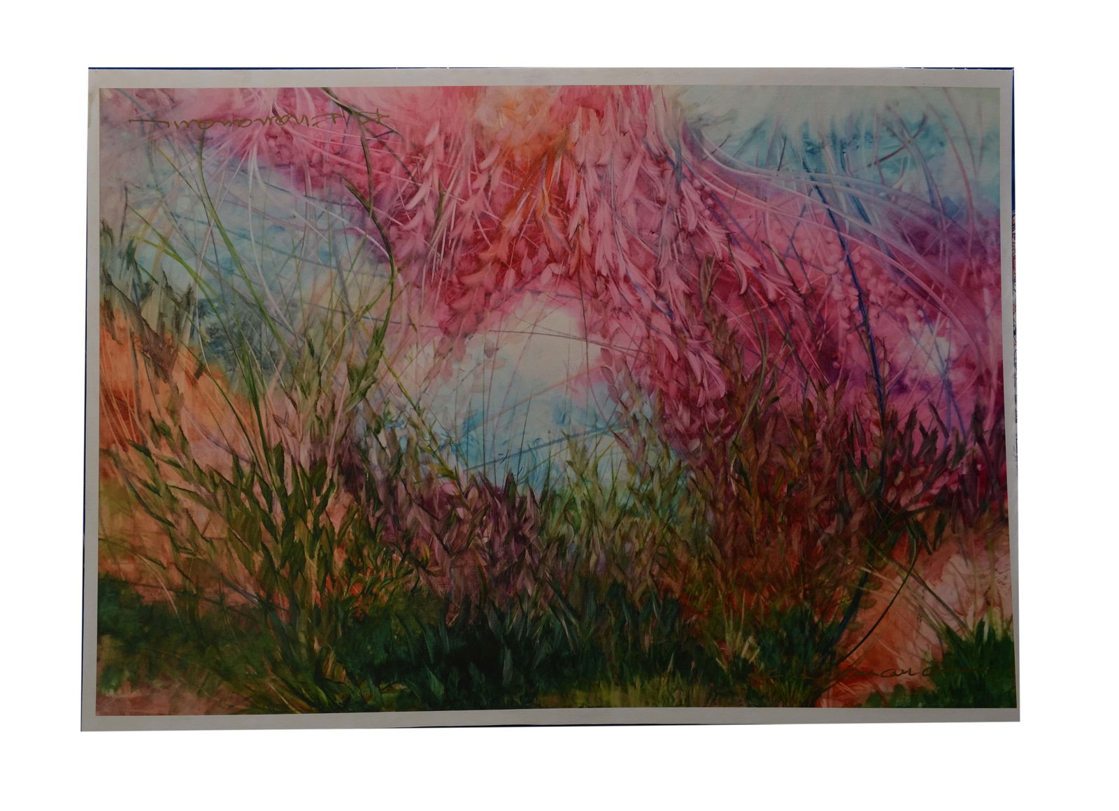 Whispers of Color, Kamran Khavarani: This art giclée on canvas, signed by artist Kamran Khavarani, is a vibrant abstract piece. Measuring 30" x 42", the artwork features a delicate interplay of green, pink, and blue hues, creating a