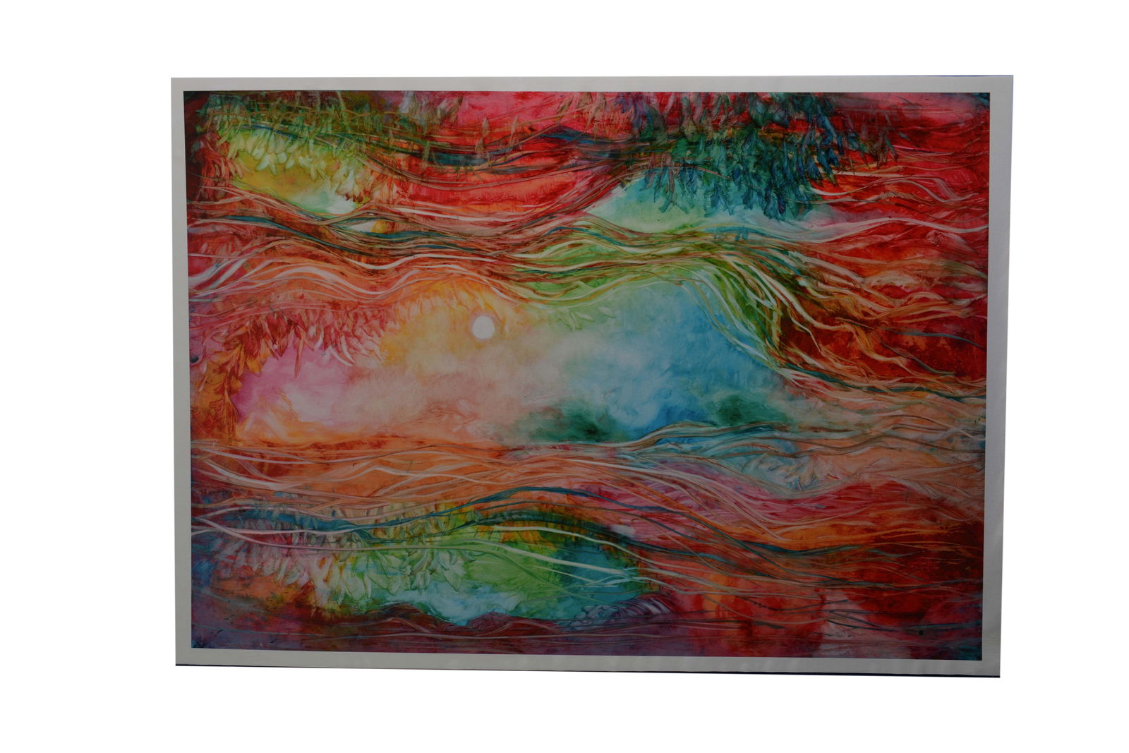 Whispers of Light , Kamran Khavarani: This 30" x 42" art giclée on canvas, signed by artist Kamran Khavarani, presents an ethereal abstract composition. The artwork features a blend of soft, flowing lines in hues of red, green, and