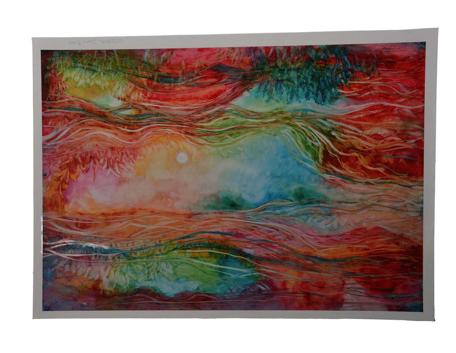 Whispers of Light , Kamran Khavarani: This 30" x 42" art giclée on canvas, signed by artist Kamran Khavarani, presents an ethereal abstract composition. The artwork features a blend of soft, flowing lines in hues of red, green, and