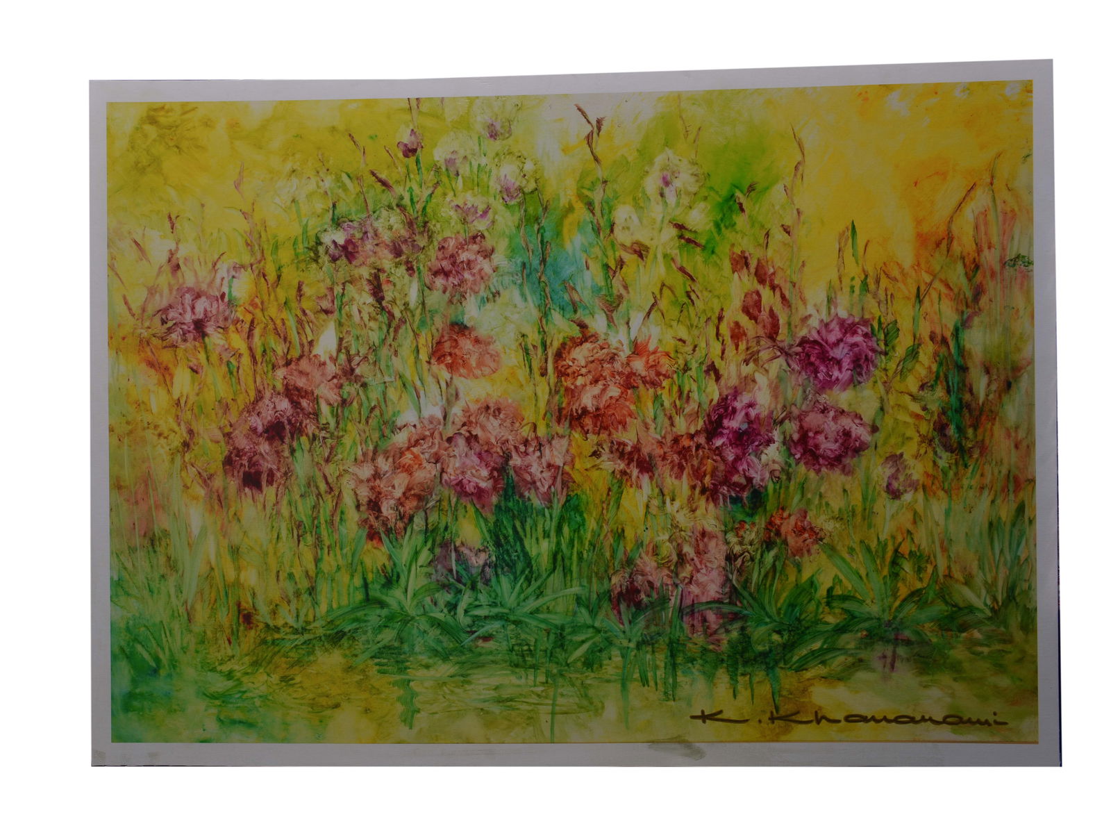 Floral Hues,Kamran Khavarani: This art giclée on canvas, signed by artist Kamran Khavarani, showcases a vibrant floral composition. Measuring 30" x 42", the artwork features a dynamic interplay of pink, red, and white blossoms