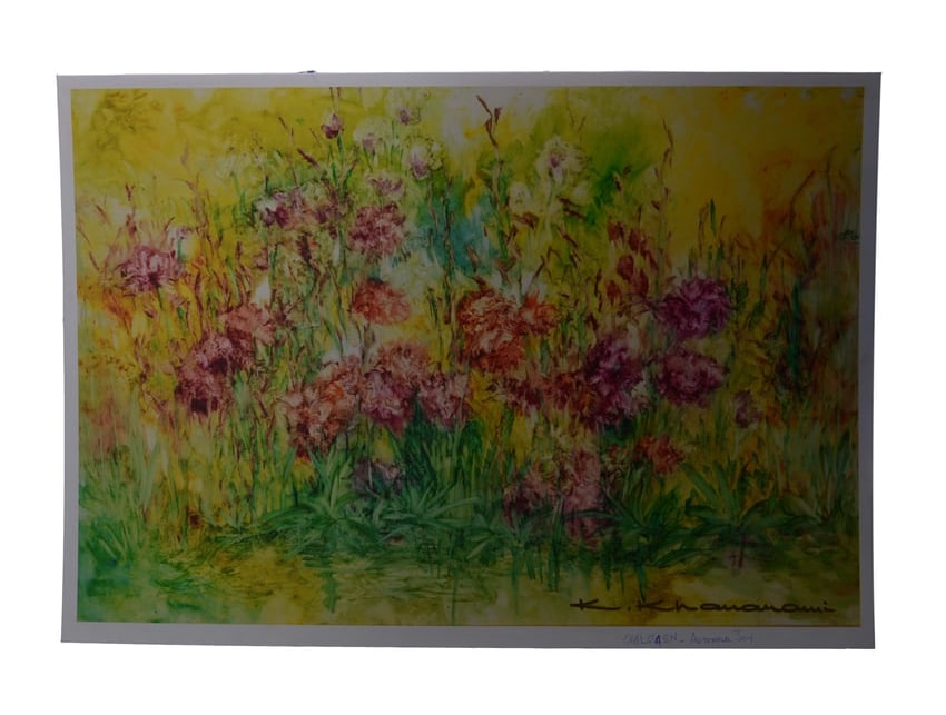 Garden in Bloom, Kamran Khavarani: Signed by Kamran Khavarani, this giclée on canvas (30" x 42") captures the essence of a flourishing garden. The artwork showcases a rich tapestry of floral elements in shades of pink, red, green,