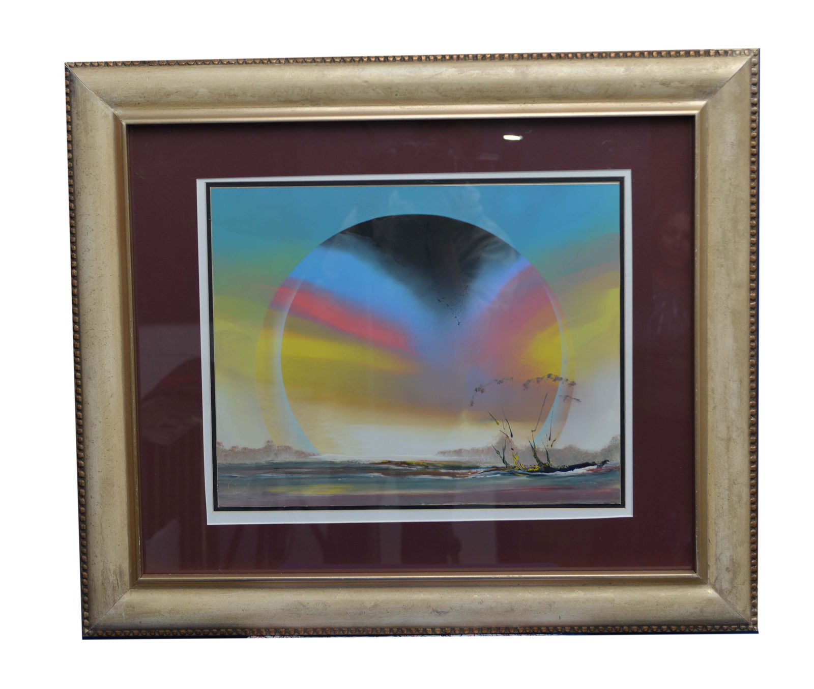 Coastal Sunset, By Memarian: This oil on paper by Memarian, measuring 33" x 28", depicts a striking abstract seascape. A large, stylized sun dominates the scene, set against a backdrop of vibrant yellow, pink, and blue hues. A