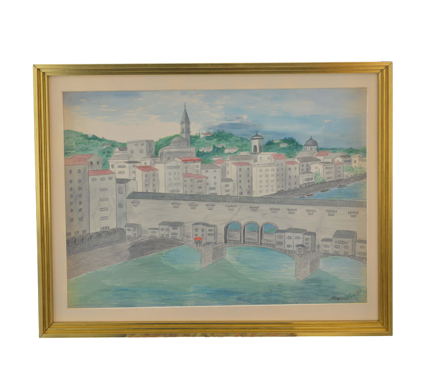 Ponte Vecchio, Florence - Pastel by Marion Webb: A charming pastel artwork by the artist Marion Webb, depicting the iconic Ponte Vecchio bridge in Florence, Italy. The soft hues and delicate strokes of the pastel medium beautifully capture the