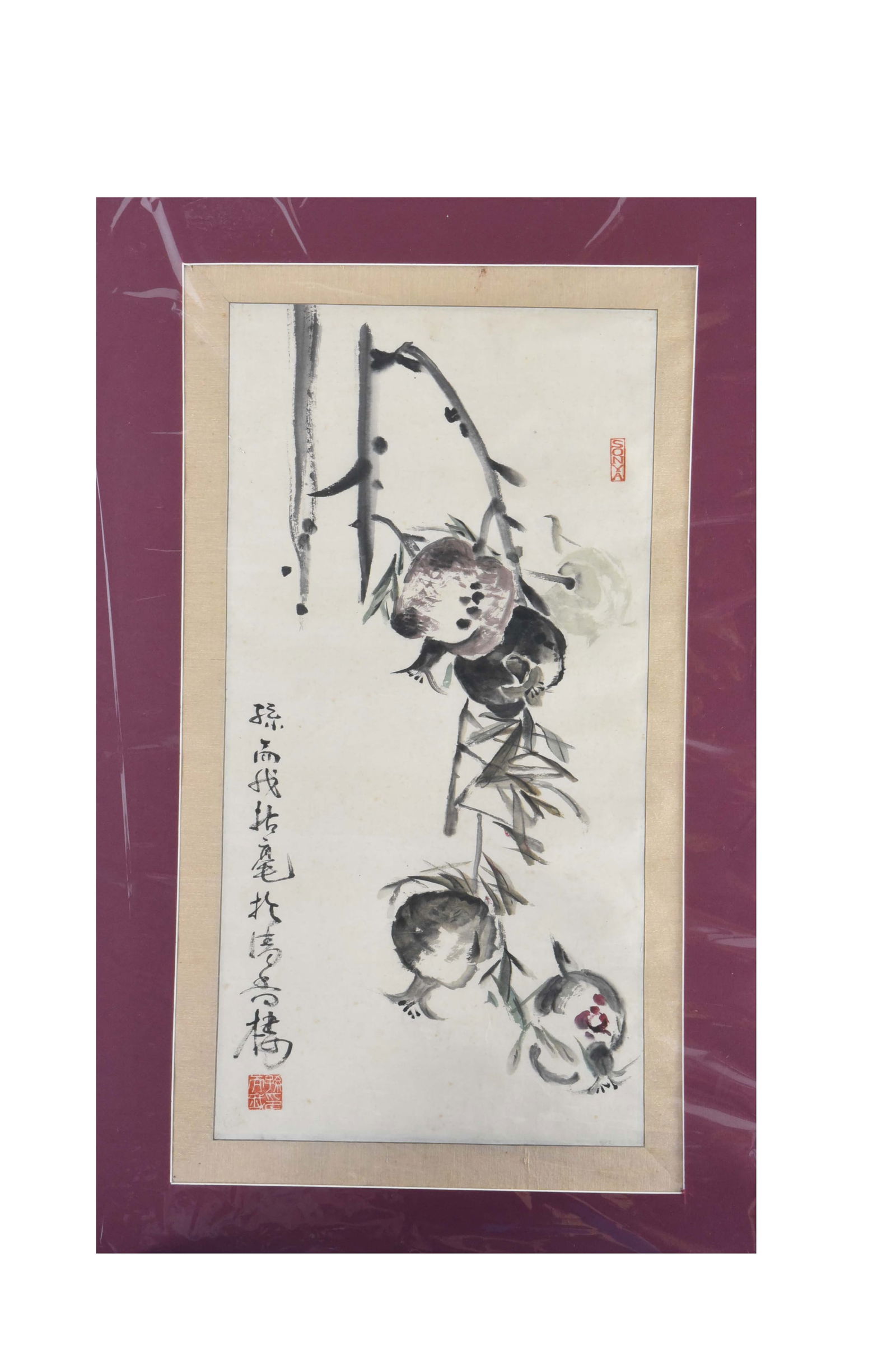 Abundance on the Vine: Pomegranate Study with Calligraphy: This sophisticated watercolor departs from traditional landscapes to offer a focused study of pomegranates on a branch, a traditional symbol of prosperity and abundance. The artist utilizes bold, expr