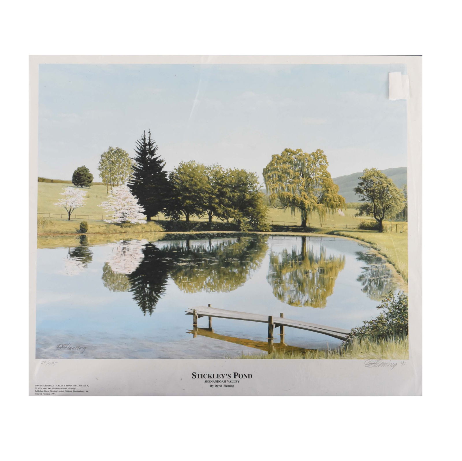 Stickley’s Pond – David Fleming Signed 1991 Edition: A signed and numbered limited edition lithograph by David Fleming, showcasing a serene landscape from the Shenandoah Valley. This 1991 piece is notable for its masterful handling of light and reflecti