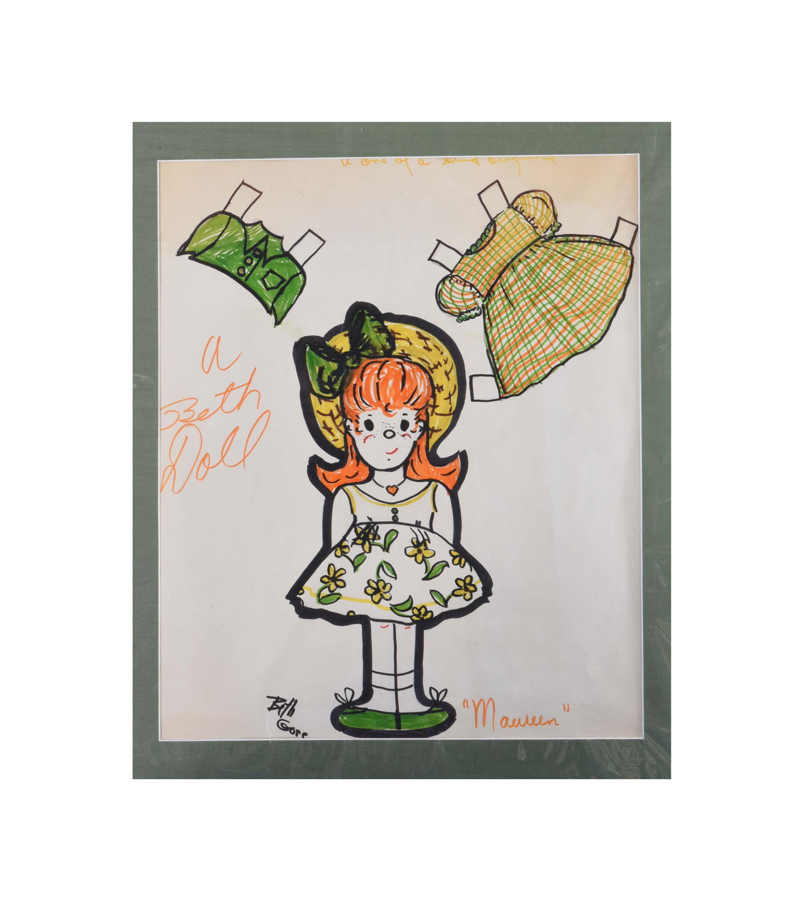 Original "Beth Doll" Hand-Drawn Paper Doll Set – "Maureen" by Beth Gore: This is a charming, original hand-drawn illustration by artist Beth Gore, featuring a "Beth Doll" named "Maureen." The artwork is a unique example of mid-century paper doll design, showcasing a whimsi