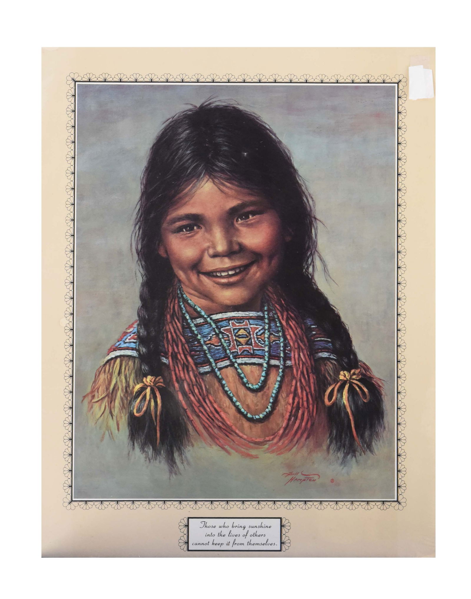 "Sunshine" – Vintage Lithograph Print by Bill Hampton: This is a beautiful, large-format vintage lithograph print by the renowned Western artist Bill Hampton. The piece features a heartwarming portrait of a smiling young Native American girl, captured wit