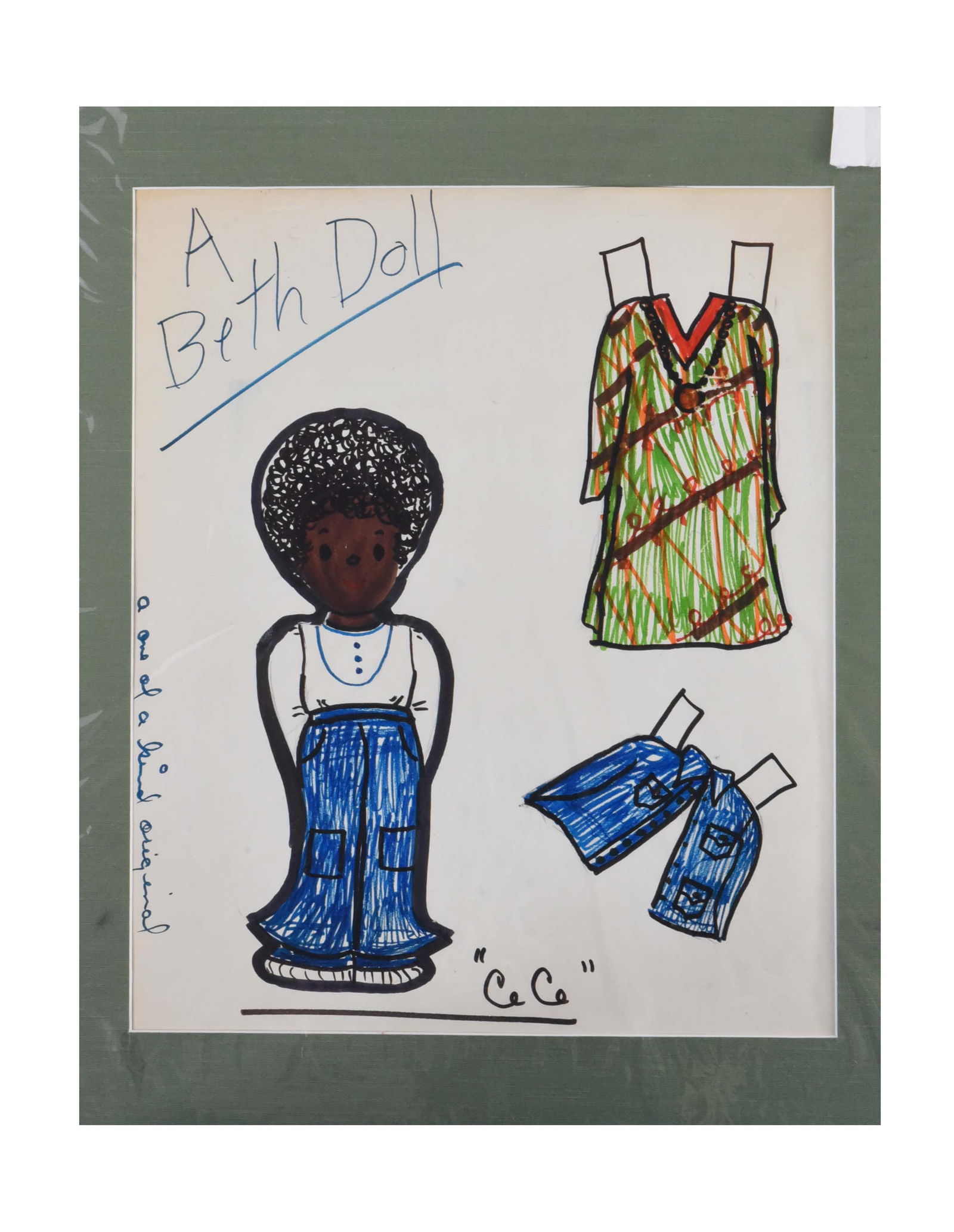 "A Beth Doll: Ce Ce": This vibrant, hand-drawn illustration is a conceptual "paper doll" design titled "A Beth Doll: Ce Ce." Rendered in bold markers and ink, the artwork features a central figure named Ce Ce, a character
