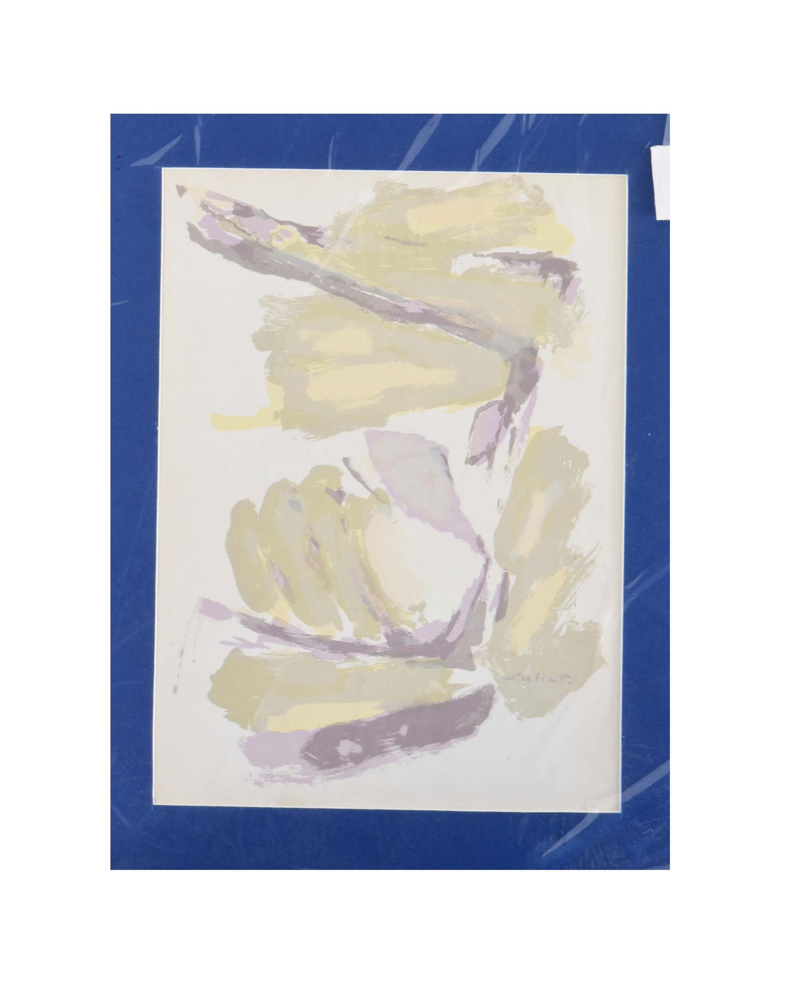 Lyrical Drift: This original lithograph showcases a fluid, abstract composition characterized by broad, painterly sweeps of color. The artwork features a harmonious blend of muted tones, including soft lavender, sag