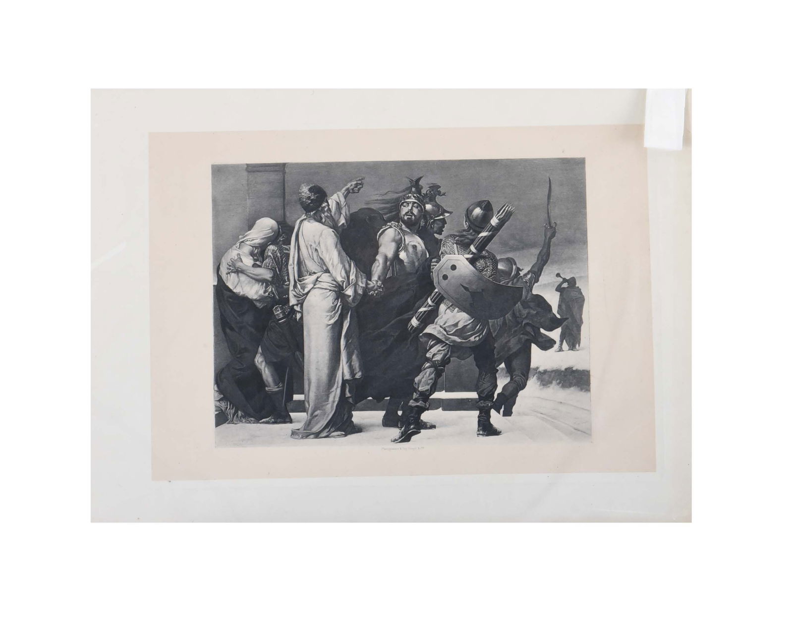 The Hero’s Departure: This intricate etching captures a high-stakes historical or mythological moment, featuring a central warrior in command of a group of soldiers and civilians. The composition is rich with neoclassical