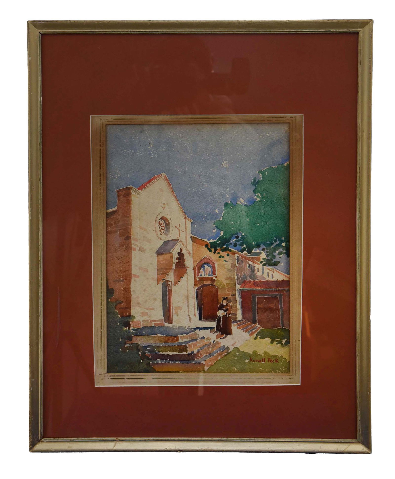 Mediterranean Vista" (or "Monastery Steps") By Russel Peck: This captivating watercolor by Russell Peck depicts a picturesque European architectural scene, possibly a monastery or a historic building, bathed in soft, diffused light. The composition features a