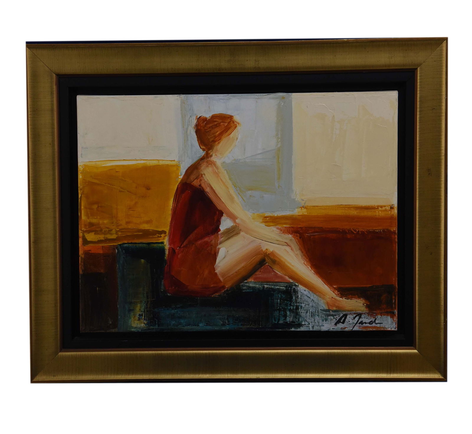 Quiet Contemplation" Oil On Canvas By A. Todd: This captivating oil on canvas painting, measuring 29" x 23", depicts a woman with reddish-brown hair seated in profile, looking away from the viewer. She is clad in what appears to be a red dress or
