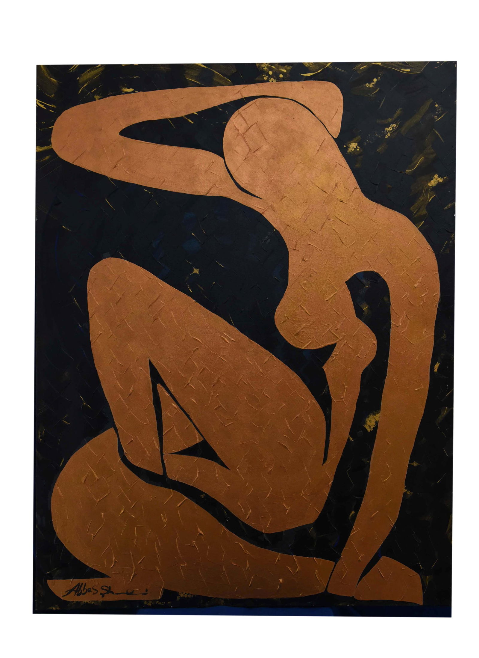 Golden Silhouette Acrlyic On Canvas: This striking acrylic on canvas, measuring 36" x 48", is a powerful work by Abbas Shirmohammadi. The painting features a stylized, reclining nude figure rendered in a rich, textured golden hue. The fi