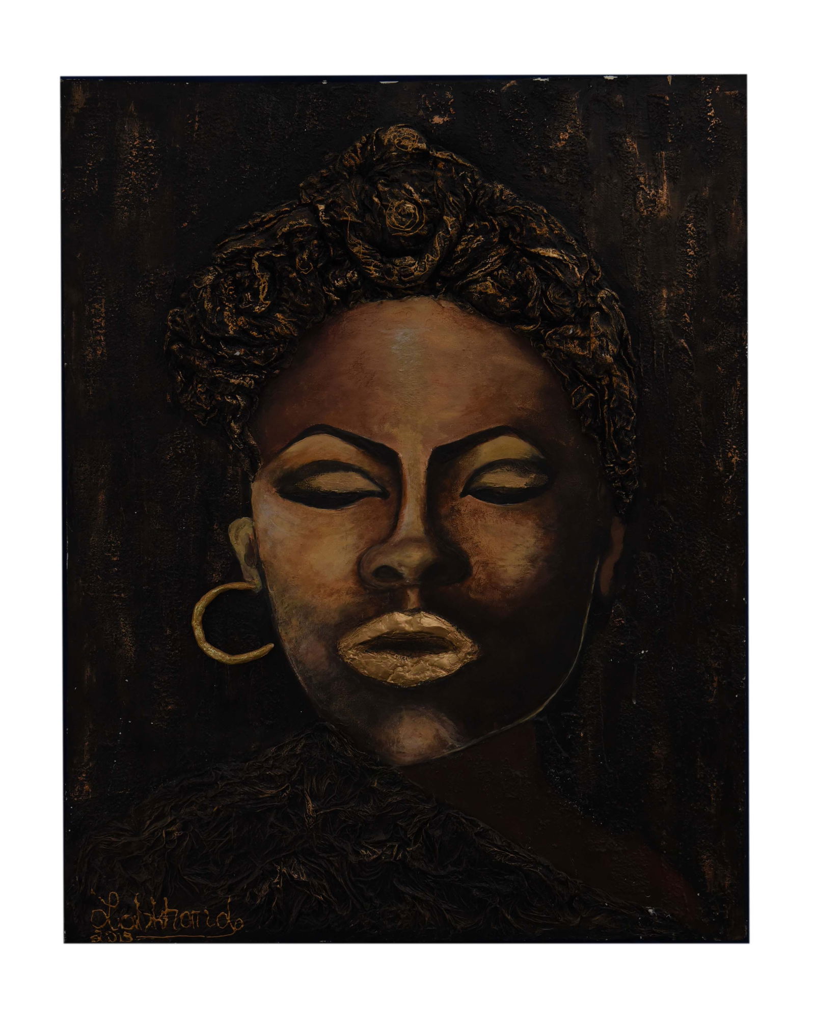 Inner Glow Or Golden Dream Acrylic on canvas By L Khonde: Inner Glow is a mesmerizing 3D mixed media acrylic on canvas, sized at 27" x 36", by L. Khonde. The artwork depicts a woman in a state of tranquil introspection, her eyes softly closed, emphasizing a