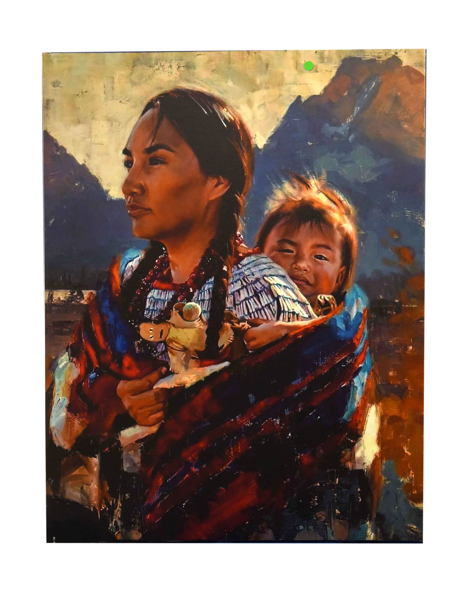 Mother and Child of the Mountains Giclee On Canvas: This poignant giclée on canvas, measuring 30" x 40", beautifully captures the profound connection between a mother and child. The woman, with her hair in braids and adorned with a necklace, gazes tho