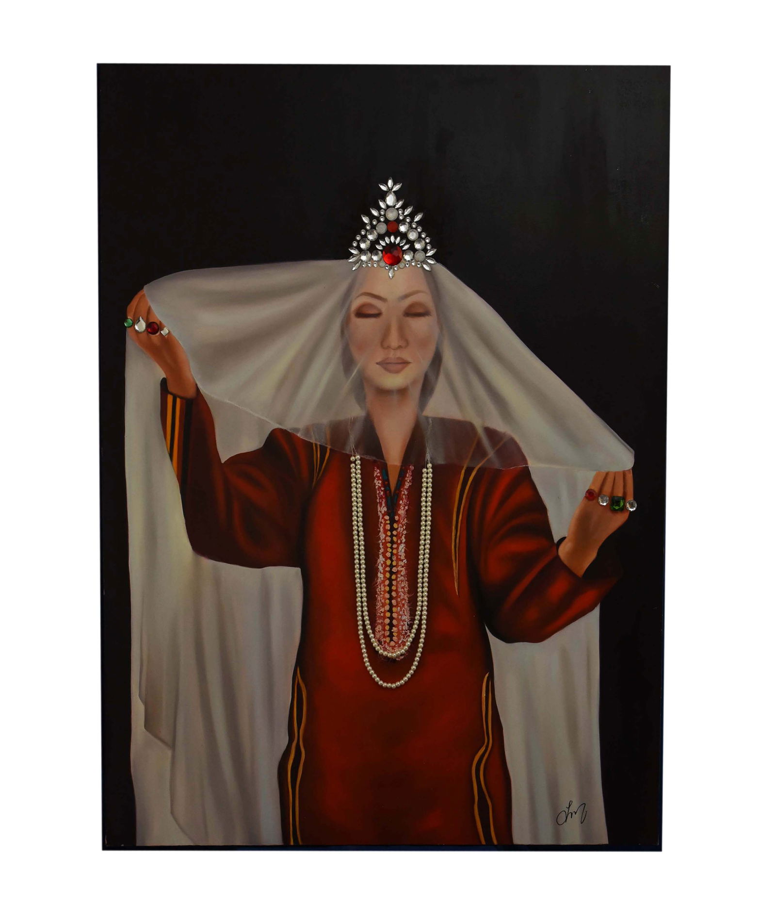 Crowned Grace Oil On Canvas By Lily Movahedi: This exquisite oil on canvas, a substantial 36" x 48", is a captivating work by Liliy Movahedi that incorporates custom jewelry directly into the artwork. The painting features a woman, possibly a bri