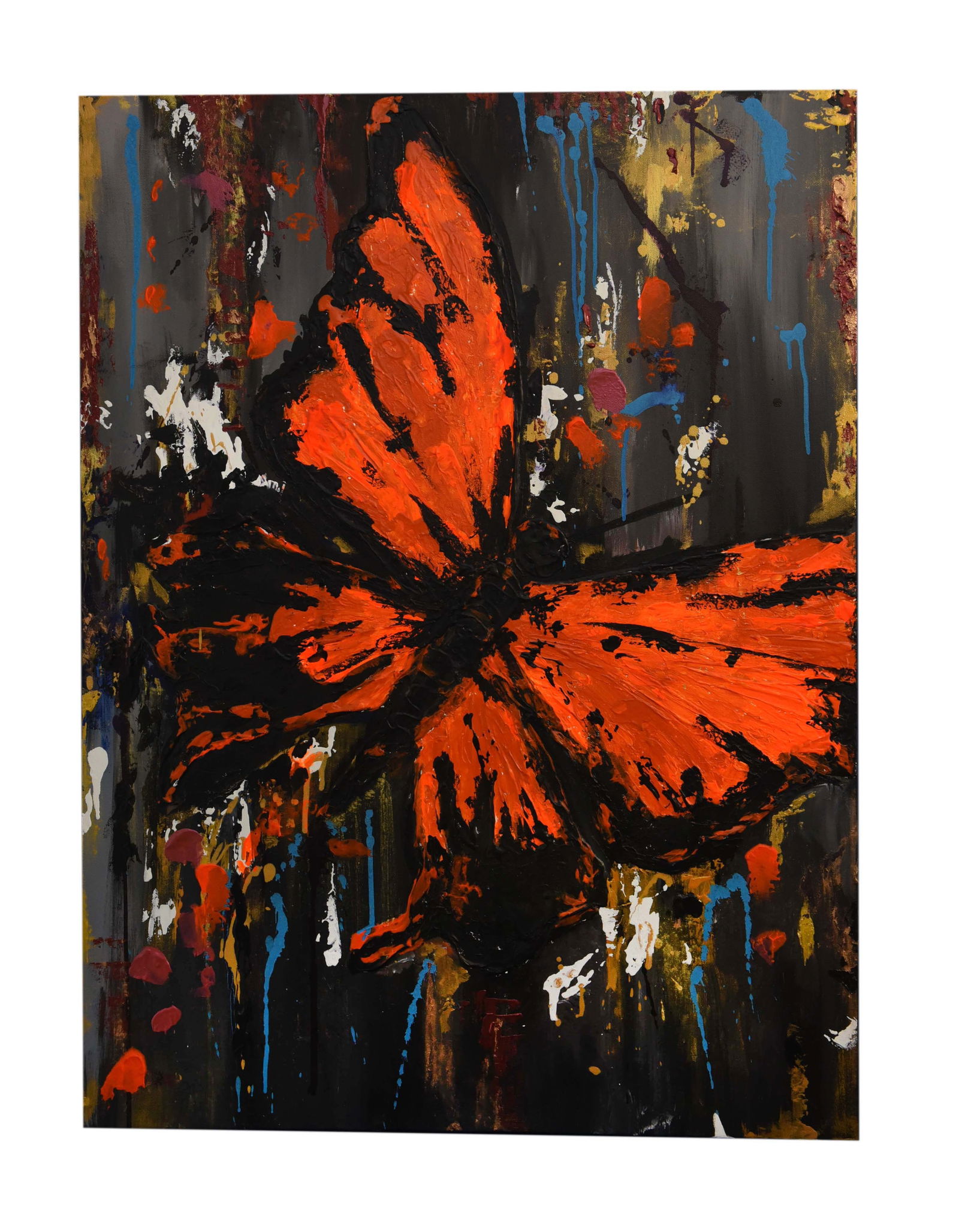 Ethereal Ascent Oil On Canvas By Lily Movahedi: Lily Movahedi's "Ethereal Ascent," an oil on canvas measuring 30" x 40", captures the vibrant energy of a butterfly emerging from a textured, abstract background. The butterfly, rendered in bold orang