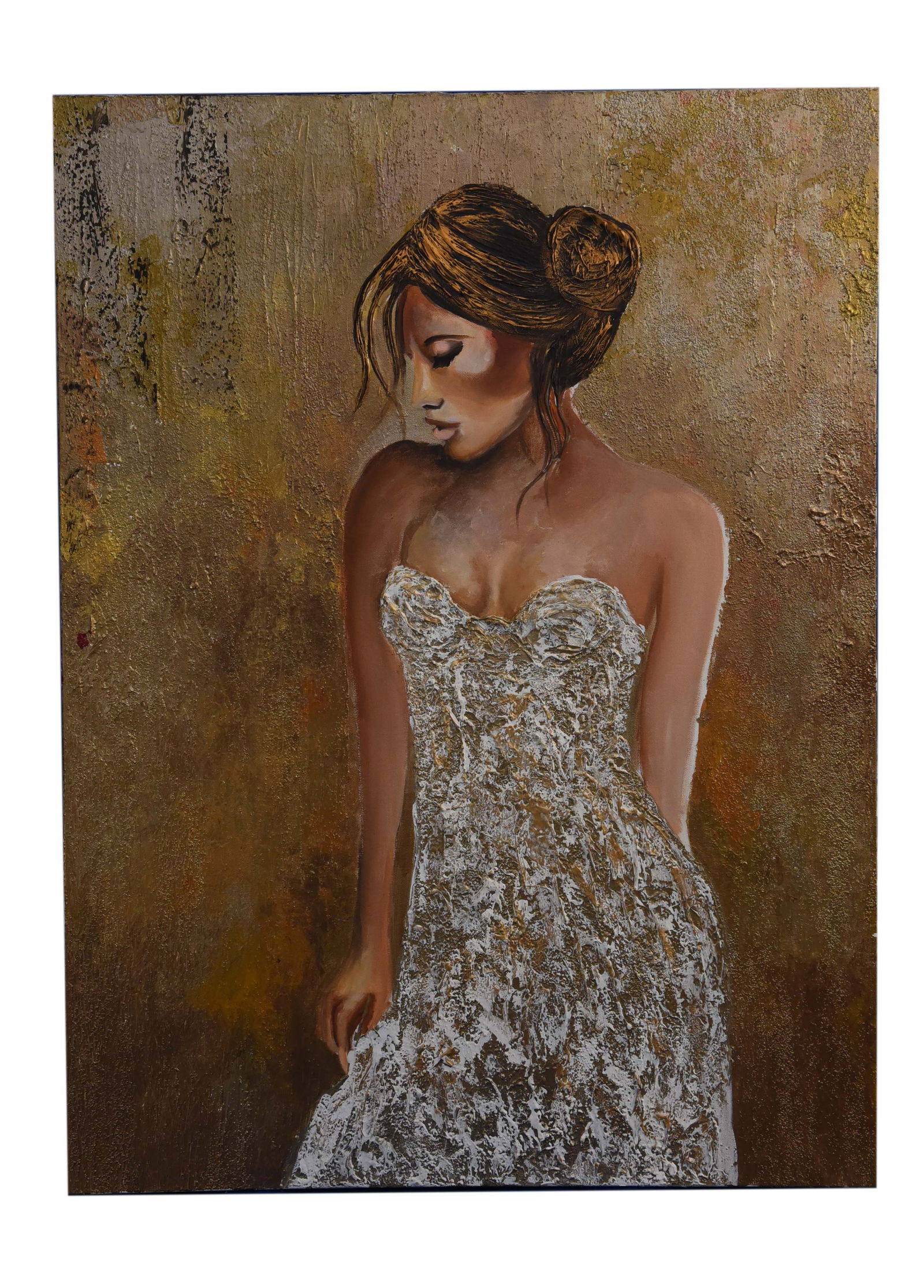 Golden Reverie Acrylic On Canvas By Lily Movahedi: "Golden Reverie" is an elegant acrylic on canvas painting by Lily Movahedi, measuring 30" x 40". The artwork features a female figure rendered in a sophisticated palette of gold, white, and earthy ton