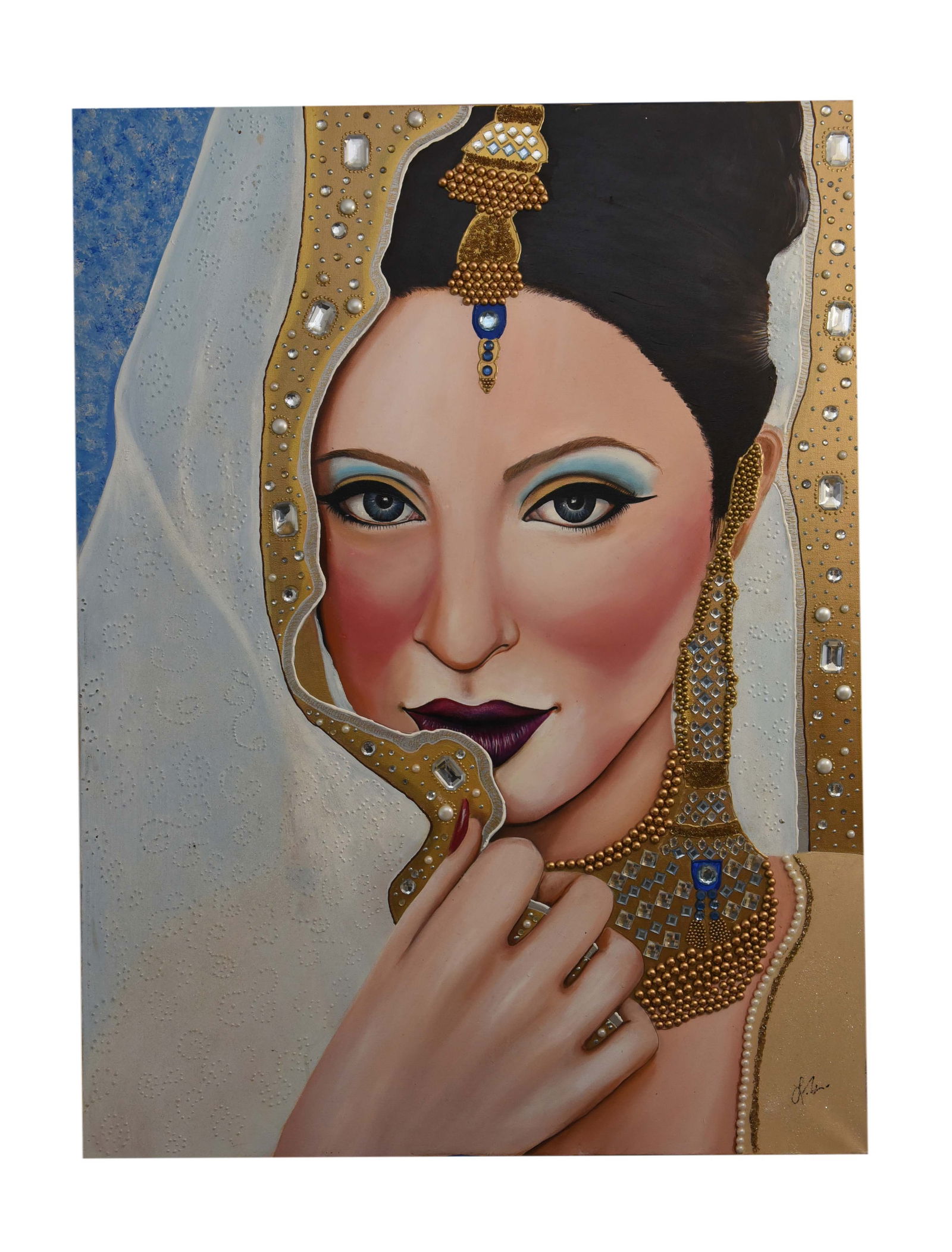 Opulent Veil Oil On Canvas By Lily Movahedi: Opulent Veil is a magnificent oil on canvas by Lily Movahedi, measuring 36" x 48", and uniquely enhanced with custom-embedded jewelry. The painting features a captivating portrait of a woman, exquisit