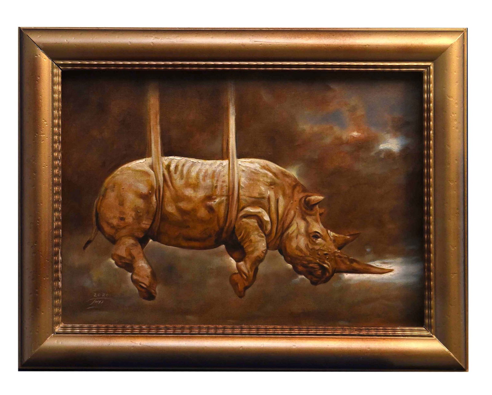 Levitation of the Rhino" - Original Oil by Yahya Roydel: An arresting original oil on canvas by Yahya Roydel, "Levitation of the Rhino" captures an extraordinary moment. The artwork features a rhinoceros seemingly suspended in mid-air by thick ropes, agains