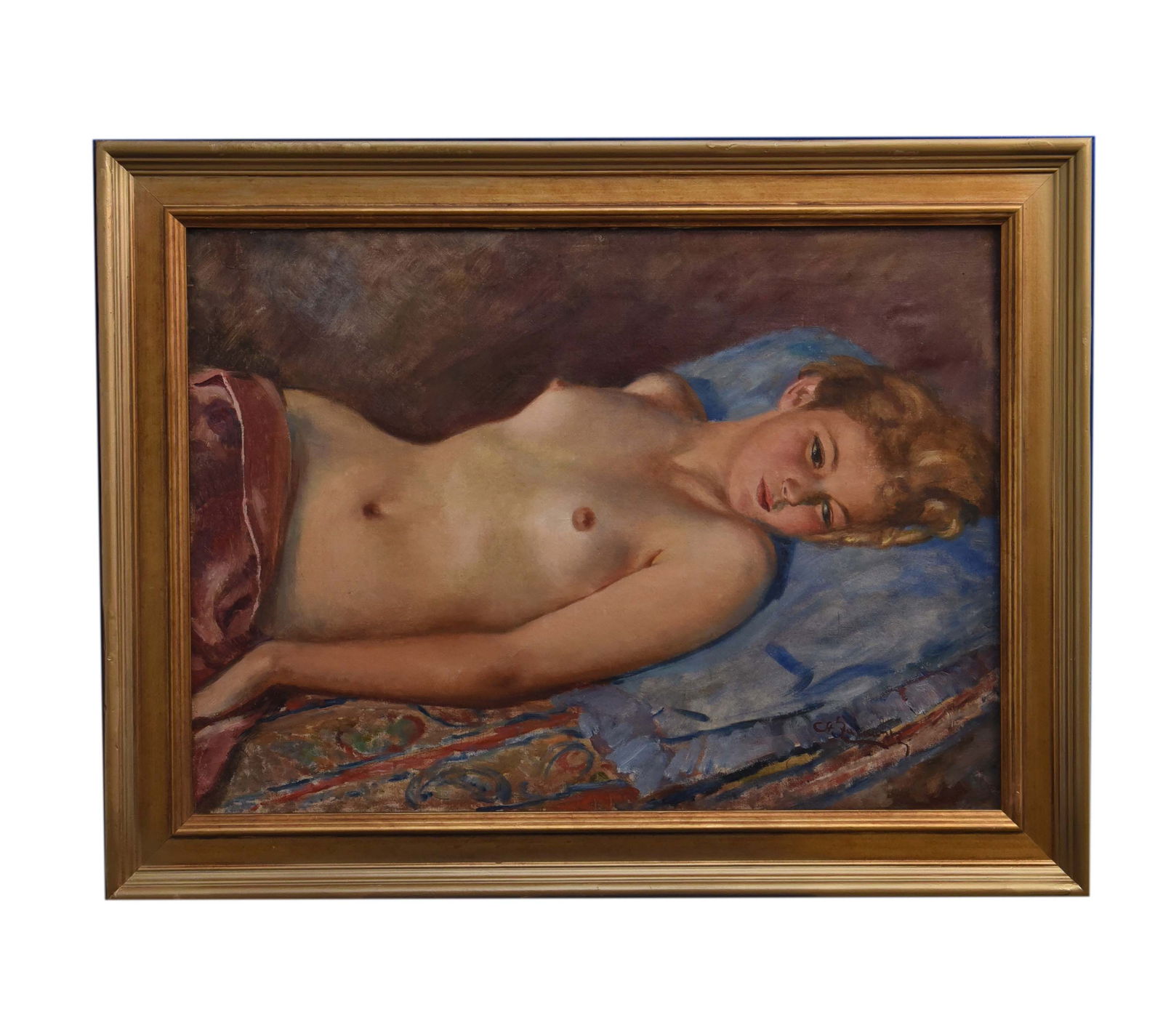 Reclining Nude, Stainislav Zurawski(1889-1976) Oil On Canvas: This oil on canvas by Polish artist Stanislav Zurawski (1889-1976) presents a reclining nude figure, gracefully posed on a richly textured and patterned surface. A deep red drapery partially covers th