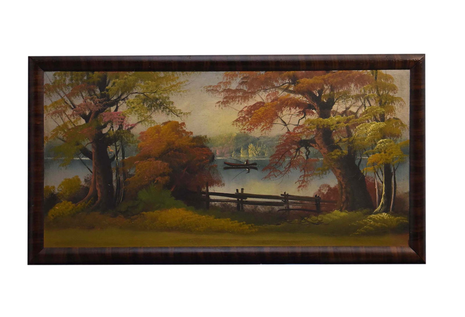 Lakeside Solitude, 1890 Oil On Canvas Mounted on Board: A superb example of late 19th-century American landscape art, this 34" x 18" oil on canvas, mounted on board, was created in 1890. The artist masterfully portrays a moment of profound tranquility, wit