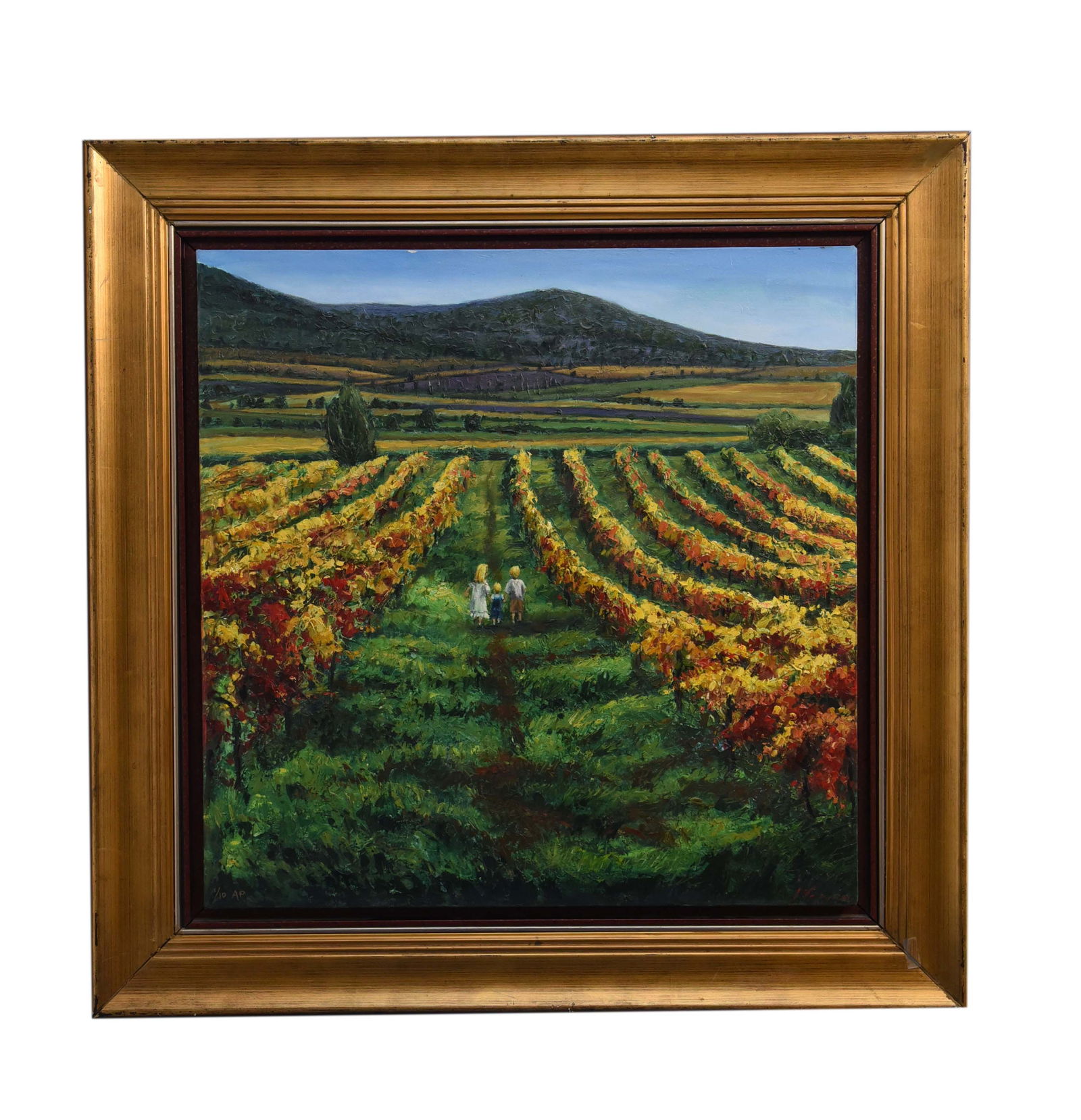 Coming Home By Jennifer Vranes, Giclee On canvas AP 1/10: This vibrant 32" x 32" Giclee on canvas, signed And Numbered AP 1/10 by the renowned artist Jennifer Vranes, captures the breathtaking beauty of a vineyard in the full glory of autumn. Rows of grapevi