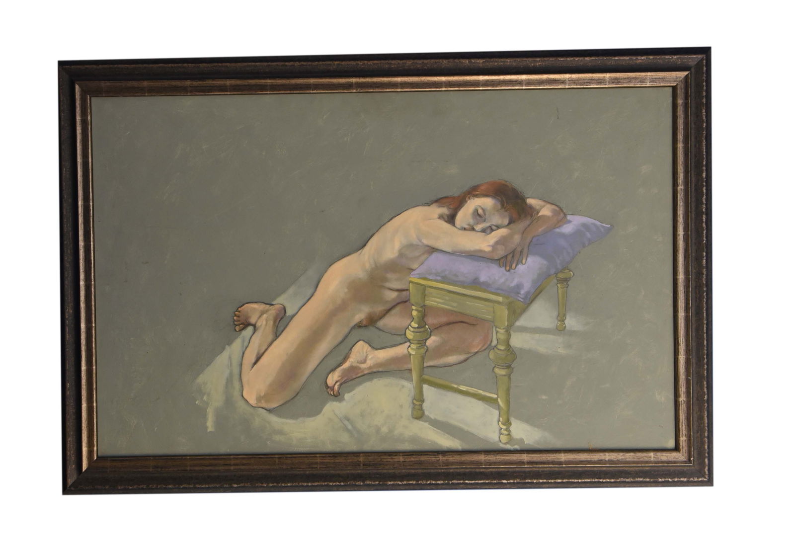 Resting Nude Oil On Board By Mick Wenderoten: This oil on board painting, measuring 48 inches by 30 inches, presents a nude figure in a moment of quiet repose. The subject is positioned with knees and elbows resting on a wooden table, a pillow of