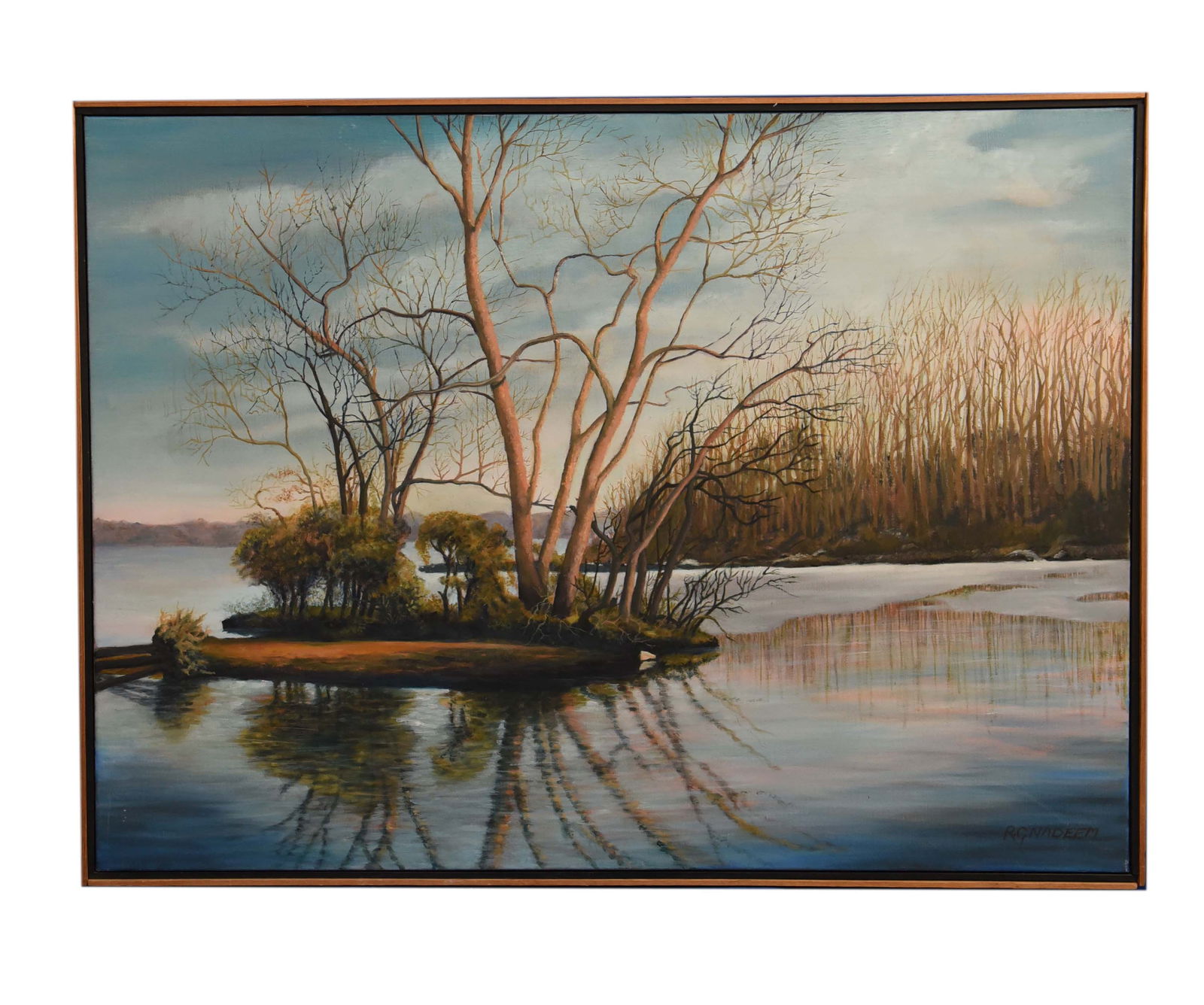 Winter's Embrace on the Water, Oil On Canvas Raphael G. Nadeem (1926-2018): This evocative oil on canvas, signed And Dated 1992 by the acclaimed artist Raphael G. Nadeem (1926-2018), measures 39" x 29". The painting captures a serene winter or late autumn landscape, showcasin