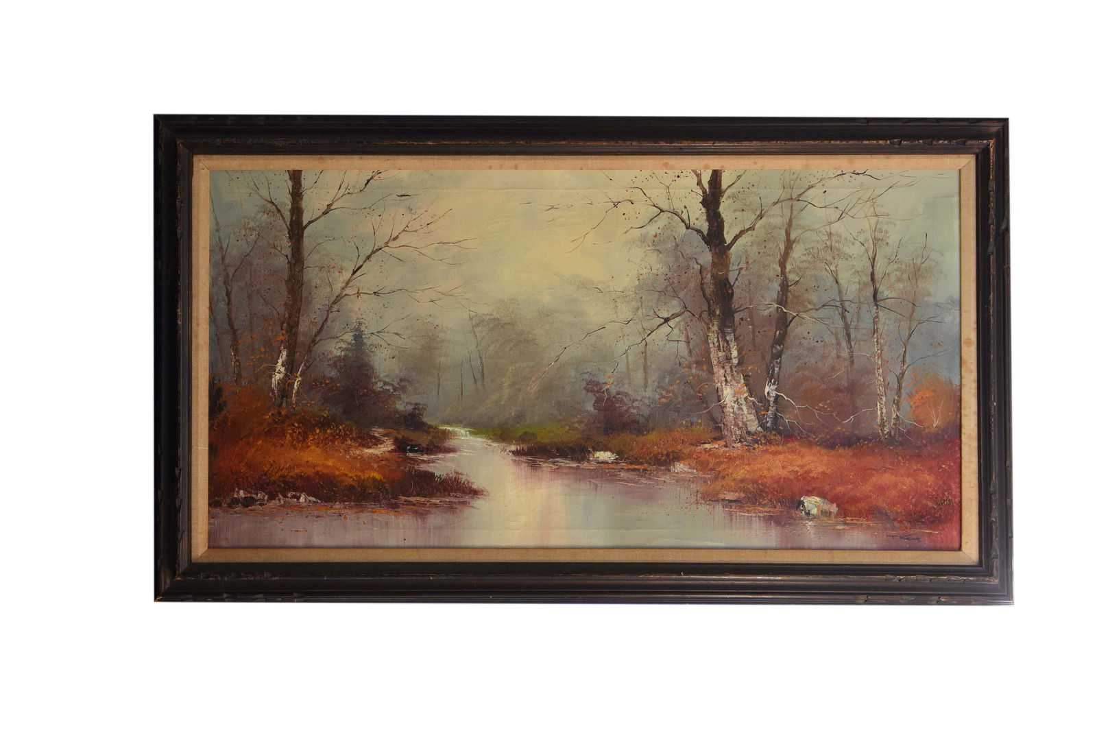 Whispers of Autumn's Embrace Oil On Canvas By T.Kent: This evocative oil on canvas by T.Kent, measuring 55" x 32", captures the serene beauty of a late autumn or early winter landscape. A tranquil stream winds through a forest where the trees, largely de