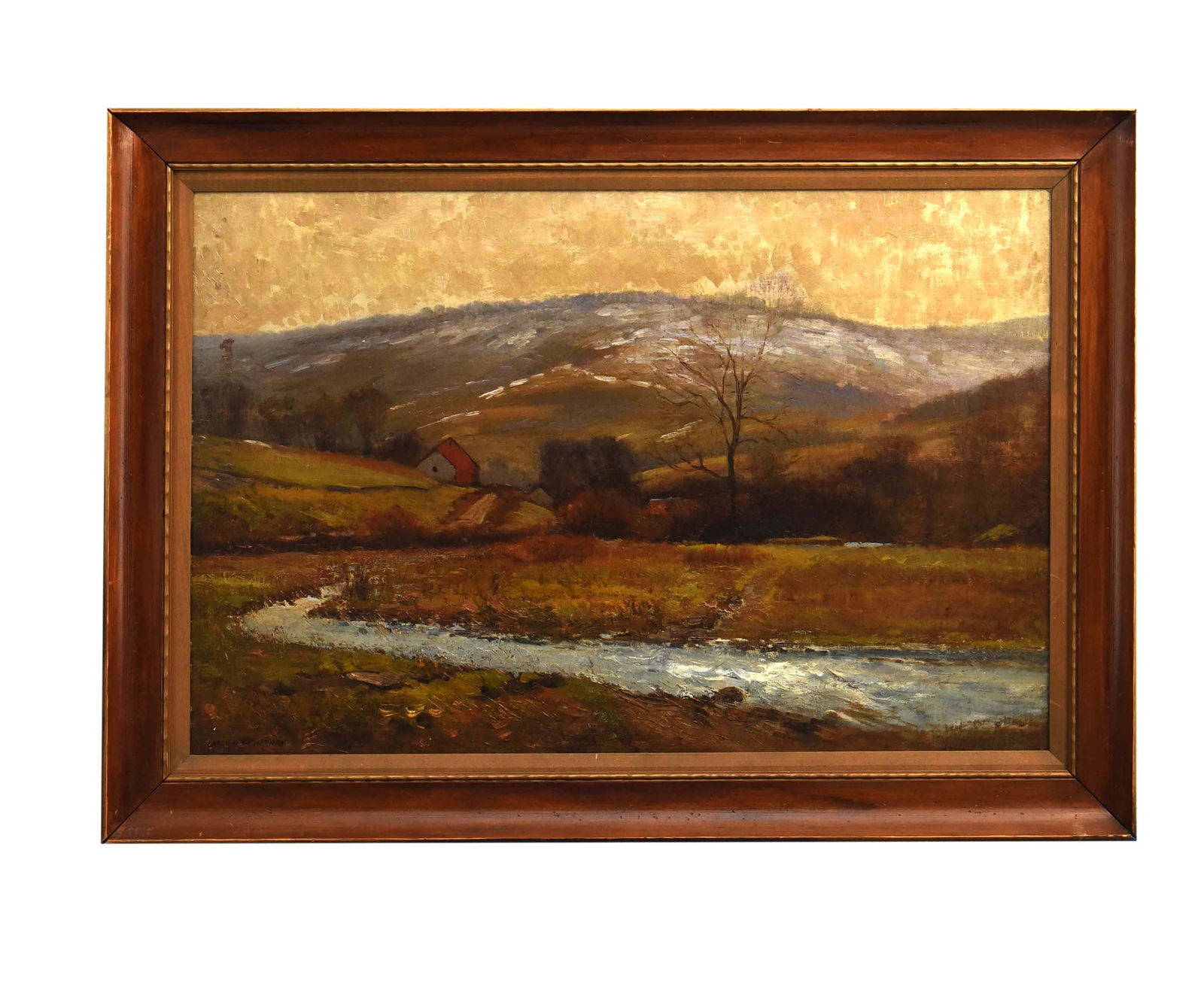 Winter Landscape with Stream" by Carlton Theodore Chapman, 1894: This evocative oil on board painting by the American artist Carlton Theodore Chapman (1860-1925), dated 1894, captures a serene winter landscape. The composition features a winding stream or river in