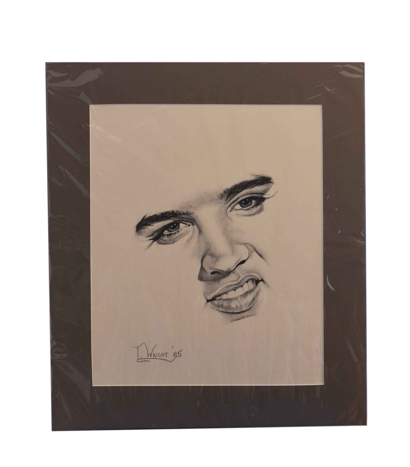 Elvis Presley Portrait (1985) by T. Wright: An evocative 19" x 21" pencil drawing from 1985, signed by the artist T. Wright. This piece powerfully portrays Elvis Presley, focusing on his iconic eyes and the distinctive snarl often associated wi