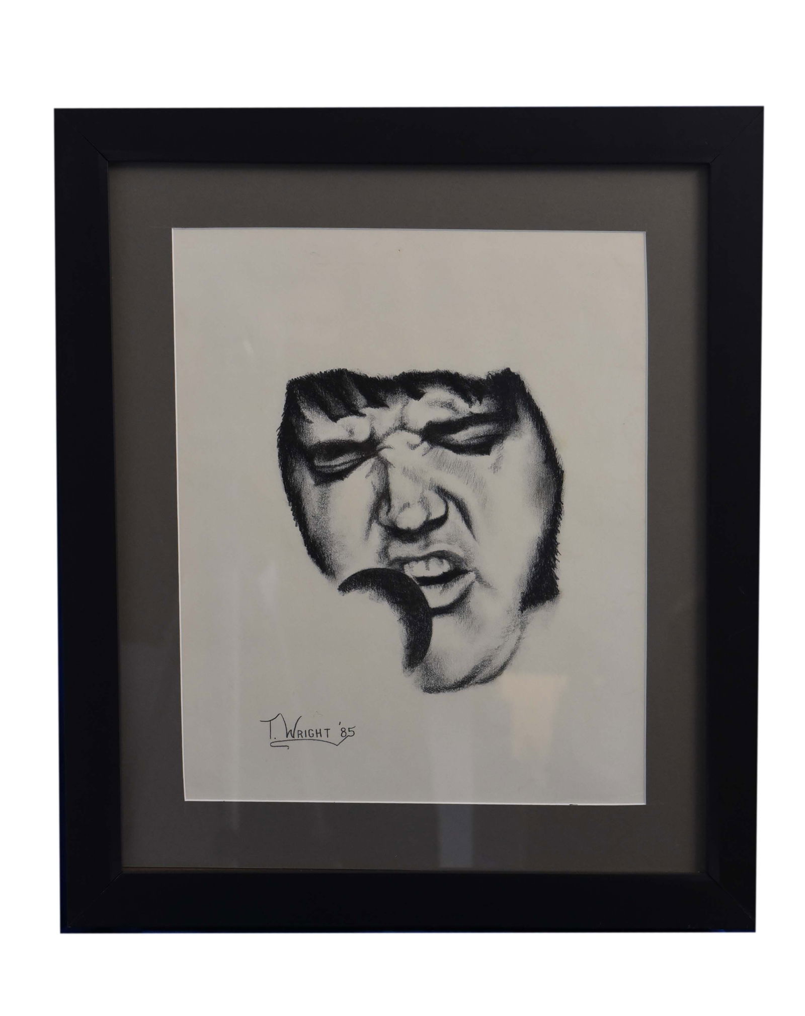Elvis Presley Portrait (1985) by T. Wright: An evocative 19" x 21" pencil drawing from 1985, signed by the artist T. Wright. This piece powerfully portrays Elvis Presley, focusing on his iconic eyes and the distinctive snarl often associated wi
