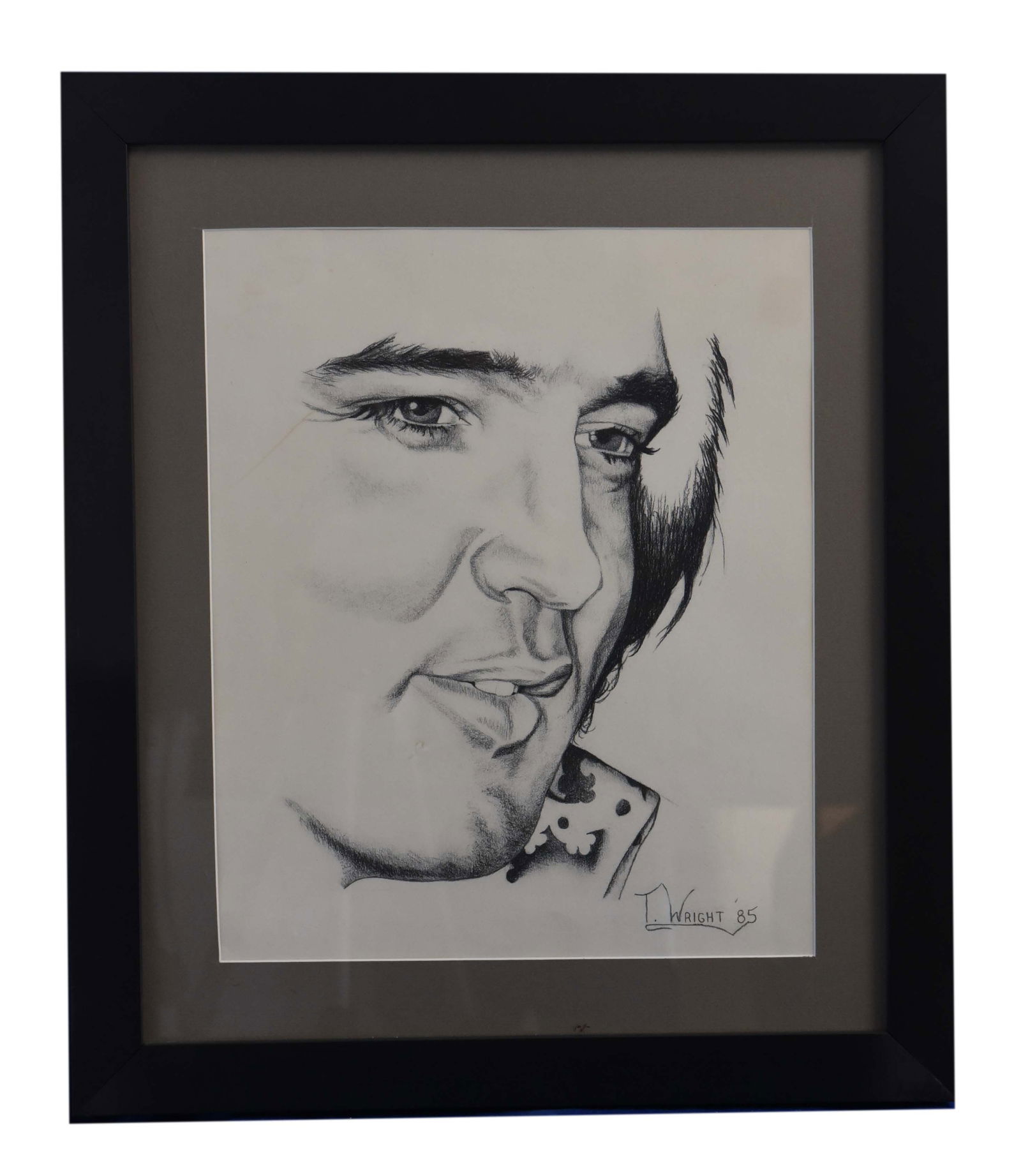 Elvis Presley Portrait (1985) by T. Wright: An evocative 19" x 21" pencil drawing from 1985, signed by the artist T. Wright. This piece powerfully portrays Elvis Presley, focusing on his iconic eyes and the distinctive snarl often associated wi