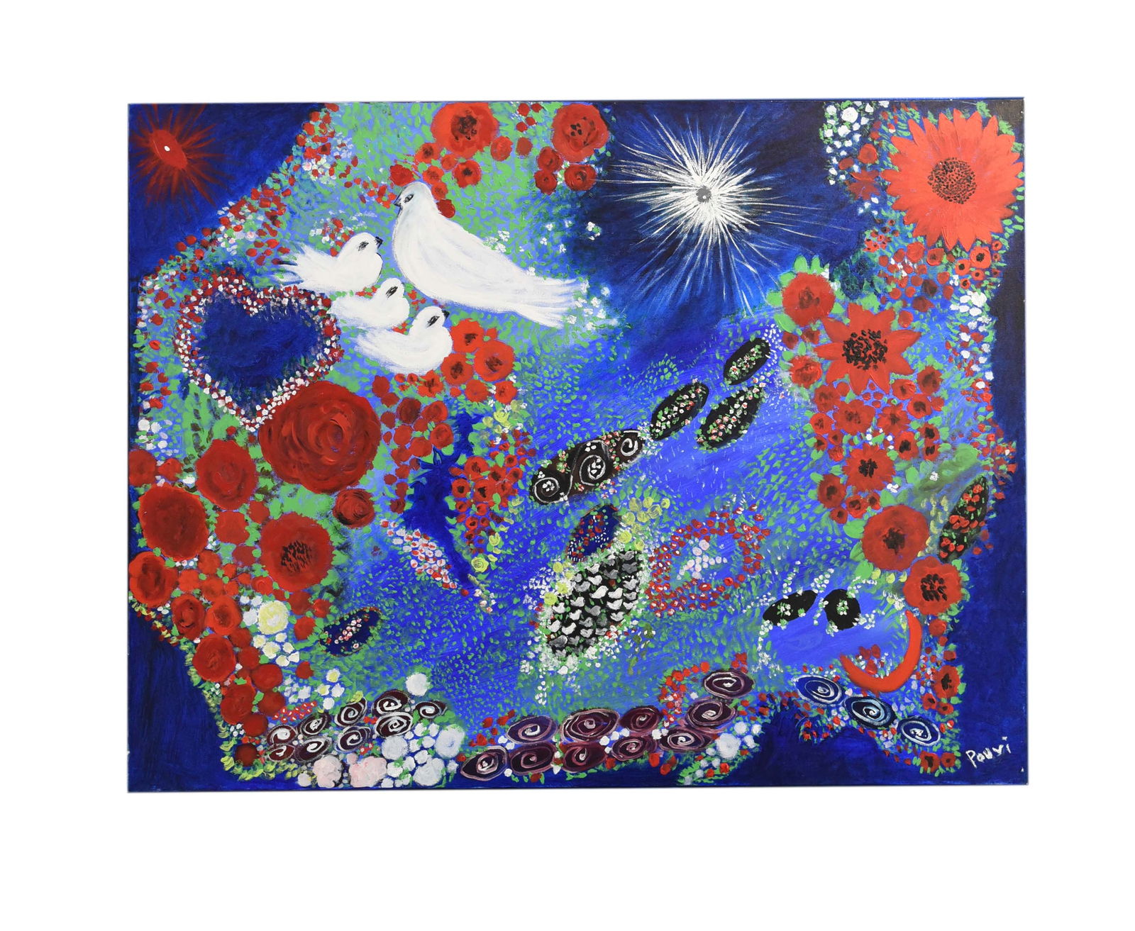 Harmony in Bloom By Pouri: This dynamic 40" x 30" acrylic and oil painting by the artist Pouri is a captivating exploration of color and form. Abstract elements, including intricate patterns, bold red floral motifs, and a strik