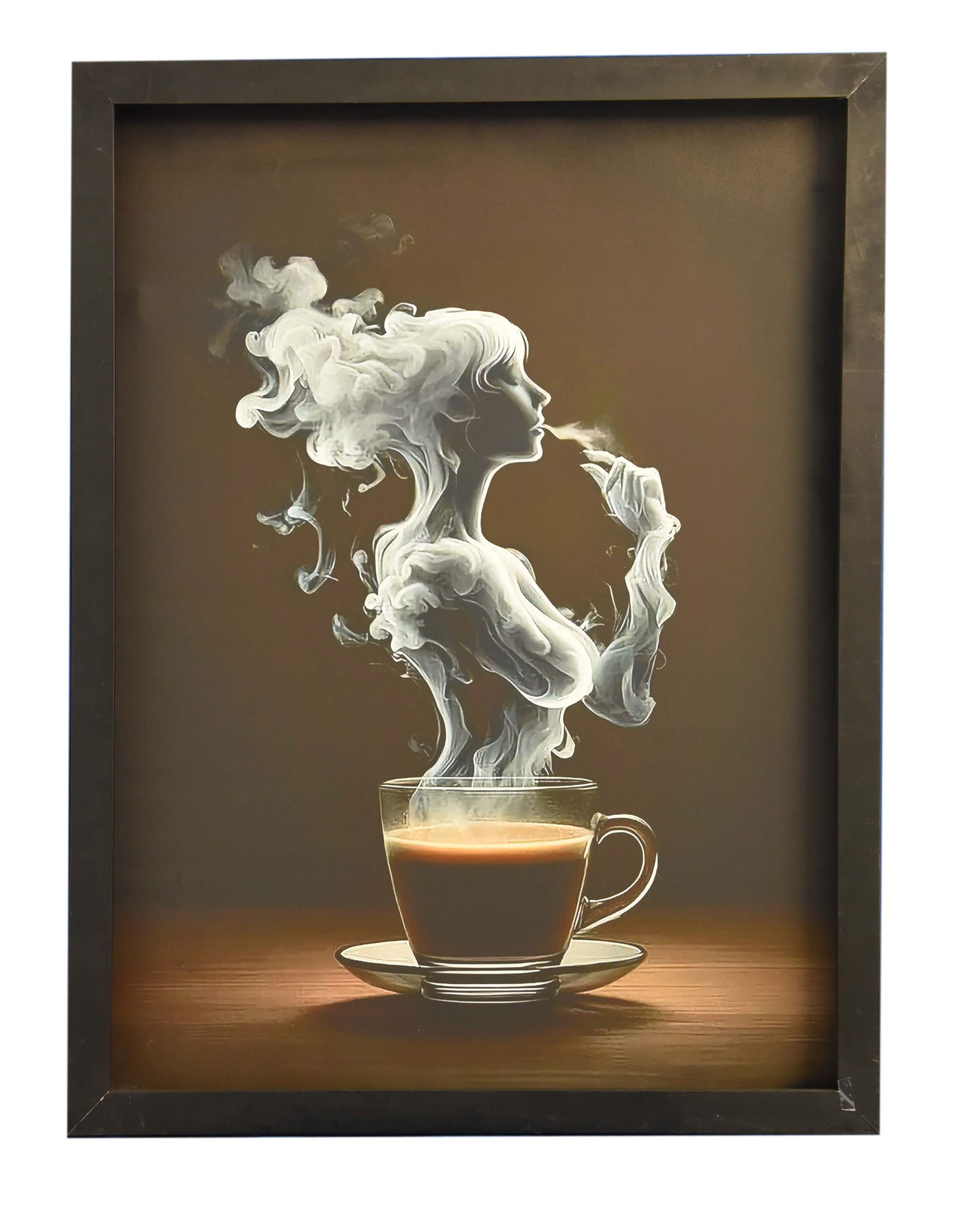 Essence of Aroma Giclee On Canvas: This captivating giclée on canvas, measuring 31" x 40", presents a mesmerizing visual poem. From the rich depths of a coffee cup, a wisp of steam transcends into the elegant form of a woman, embodyin