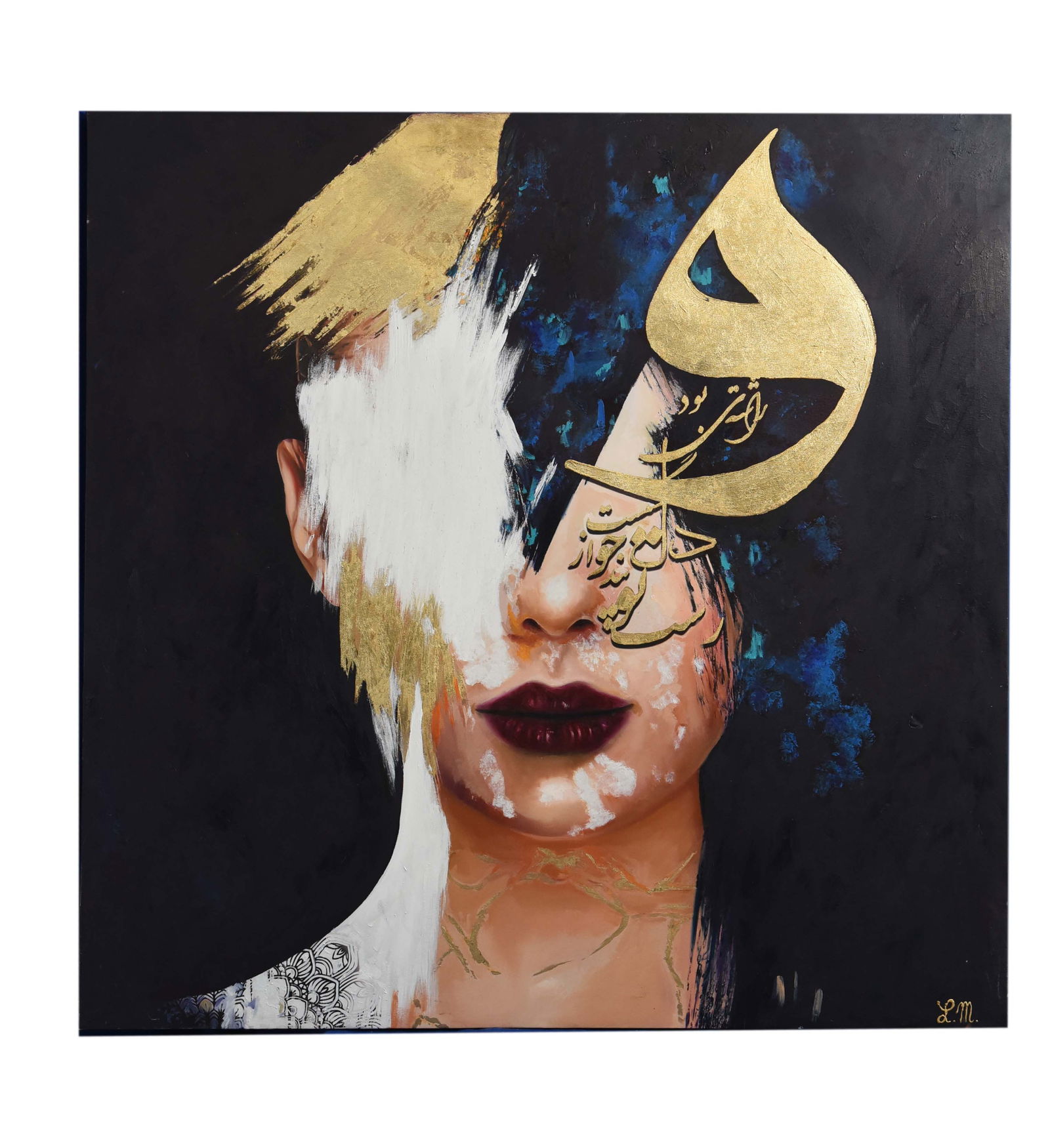Veiled Whispers Oil On Canvas by Lilly Movahedi: Veiled Whispers is a profound 39" x 40" oil on canvas by the acclaimed artist Liliy Movahedi. This captivating portrait merges the classical representation of a woman with abstract and calligraphic el