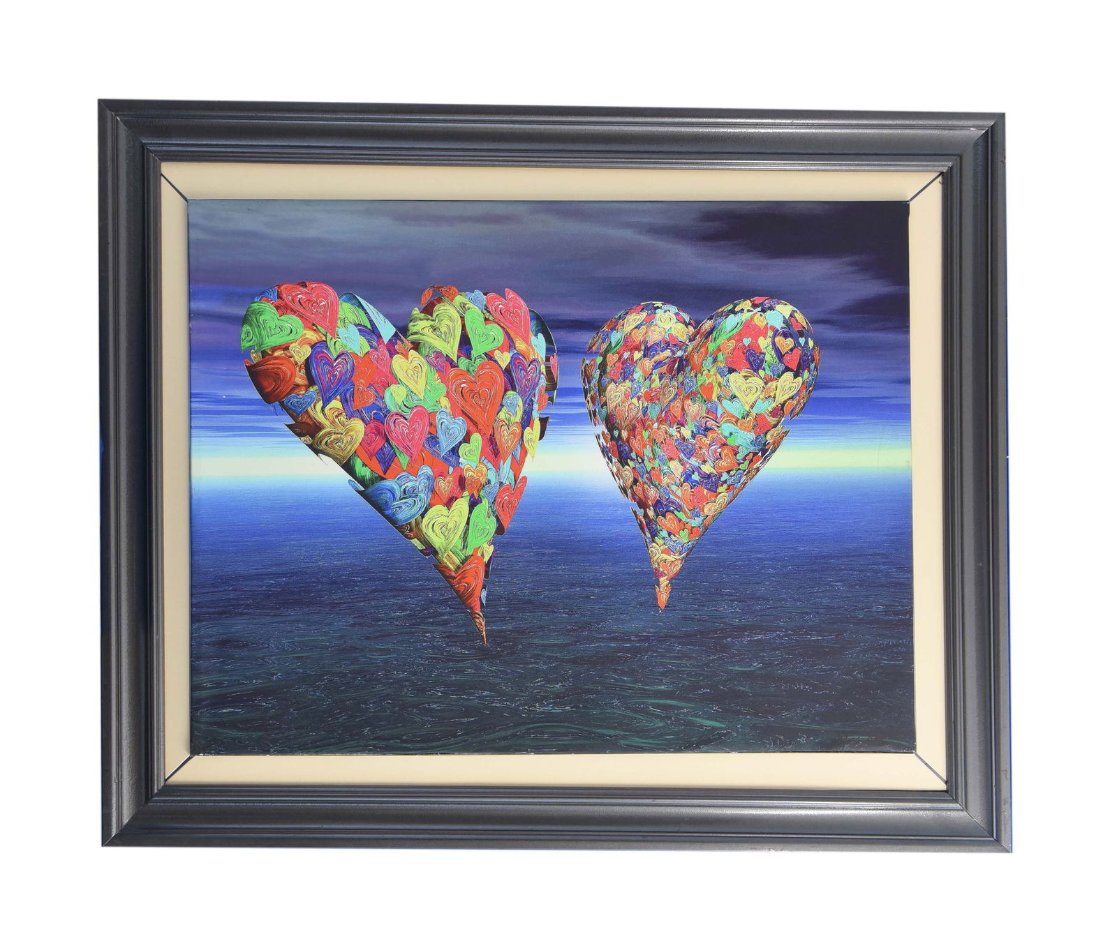 "Heartfelt Horizon" Giclee On Canvas By MaxGold: Heartfelt Horizon is a vibrant and uplifting giclée on canvas by the acclaimed artist Max Gold, measuring an impressive 45" x 37". This captivating artwork features two prominent, three-dimensional h