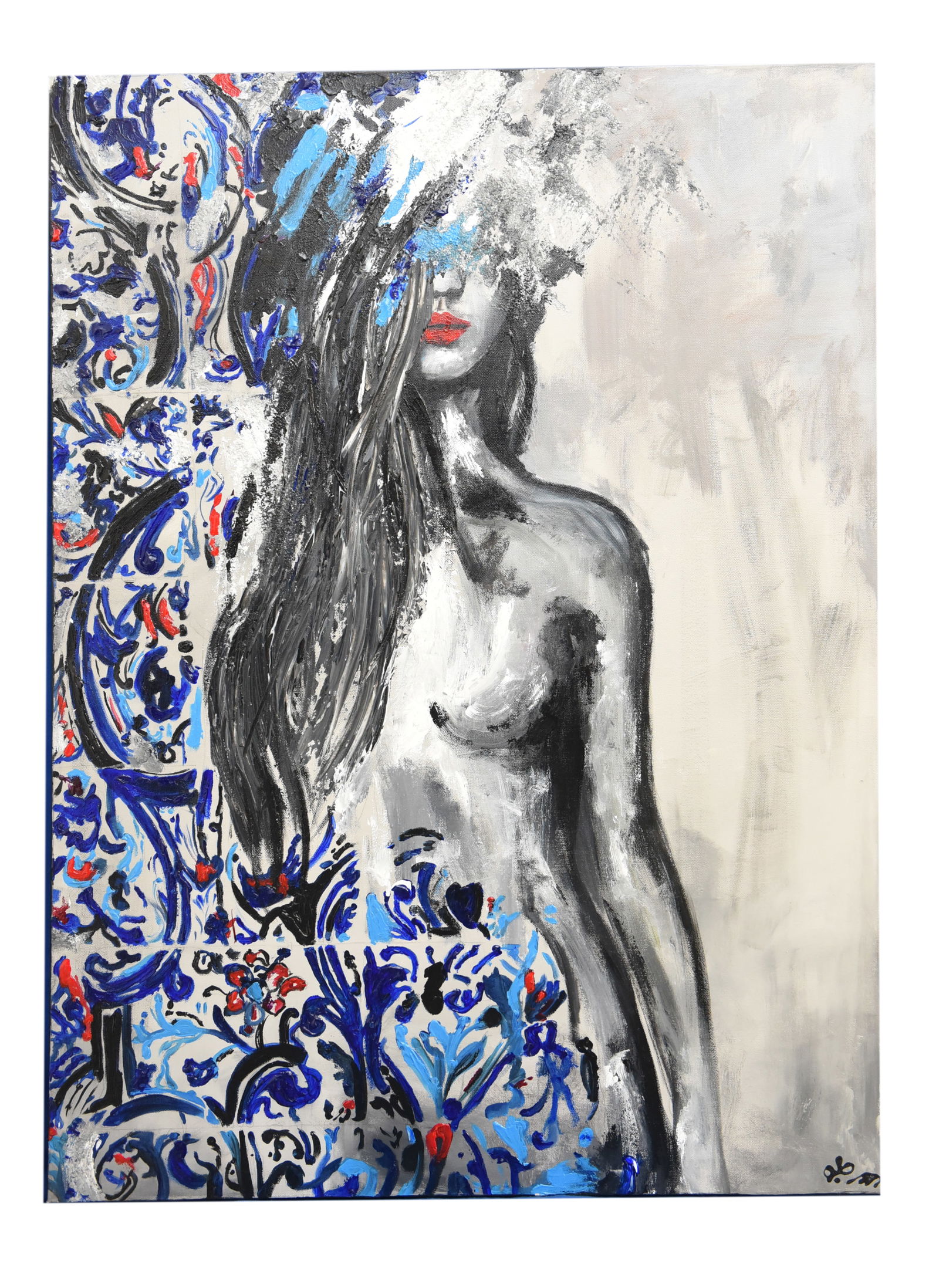 Unveiling Serenity, Oil On Canvas , By Lily Movahedi: This captivating oil on canvas painting by Lily Movahedi, measuring 30" x 40", presents a powerful and evocative portrayal of a female figure. The composition masterfully blends abstract and figurativ