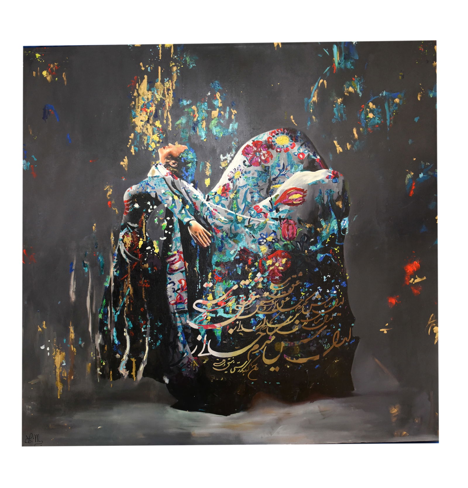 Unveiling the Beloved,Oil On Canvas , By Liliy Movahedi: In "Unveiling the Beloved," Lily Movahedi presents a captivating oil on canvas, sized at a commanding 52" x 53", that explores themes of inner freedom and profound emotion. The central figure, draped