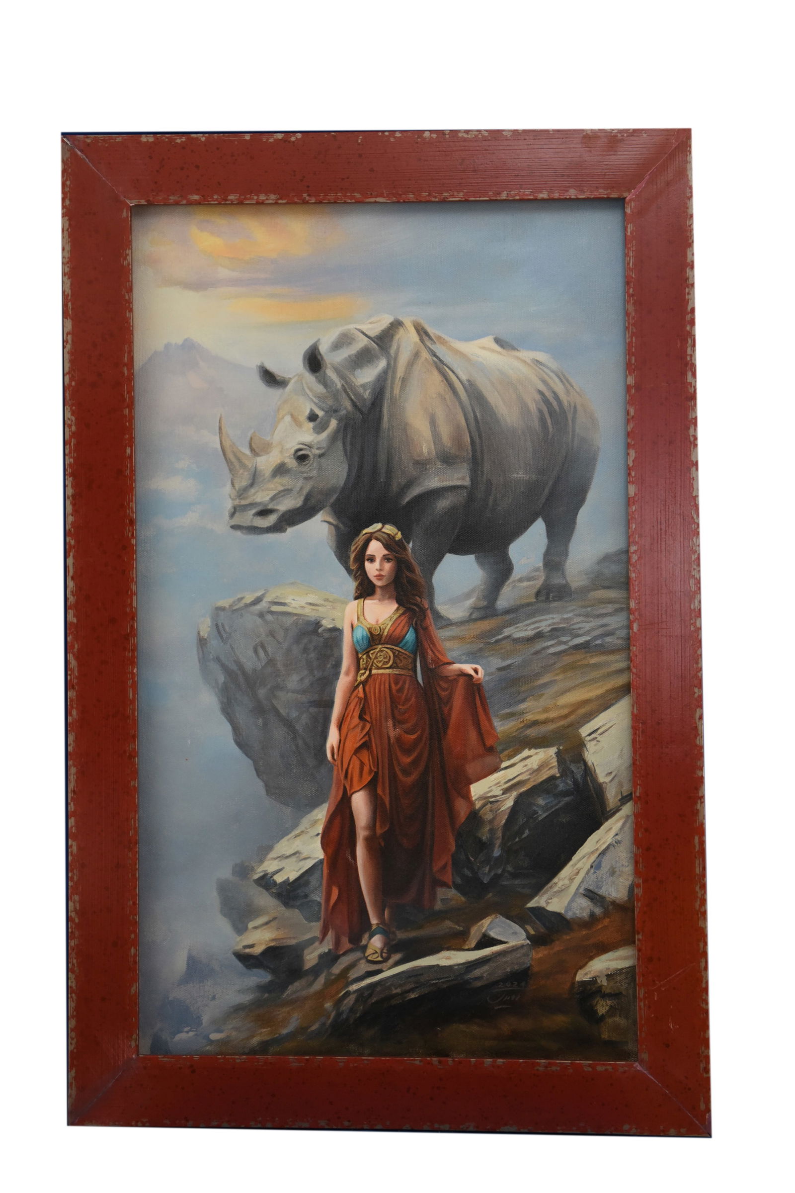 Guardian of the Peaks, Oil On Canvas, By Yahya Roydel: In "Guardian of the Peaks," Yahya Roydel presents a compelling oil on canvas, measuring 21" x 33", that blends classical artistry with a touch of the fantastical. The painting features a striking cont