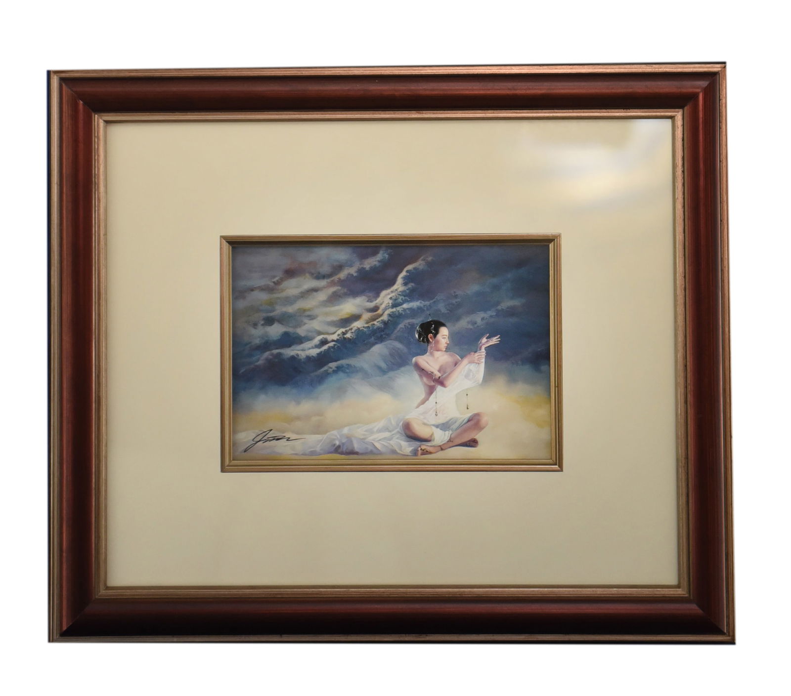 Celestial Contemplation, Lithograph, By J. lu: In "Celestial Contemplation," J. Lu presents a serene and evocative signed lithograph, measuring 16" x 14", that transports the viewer to a realm of quiet introspection. The artwork features a lone fe
