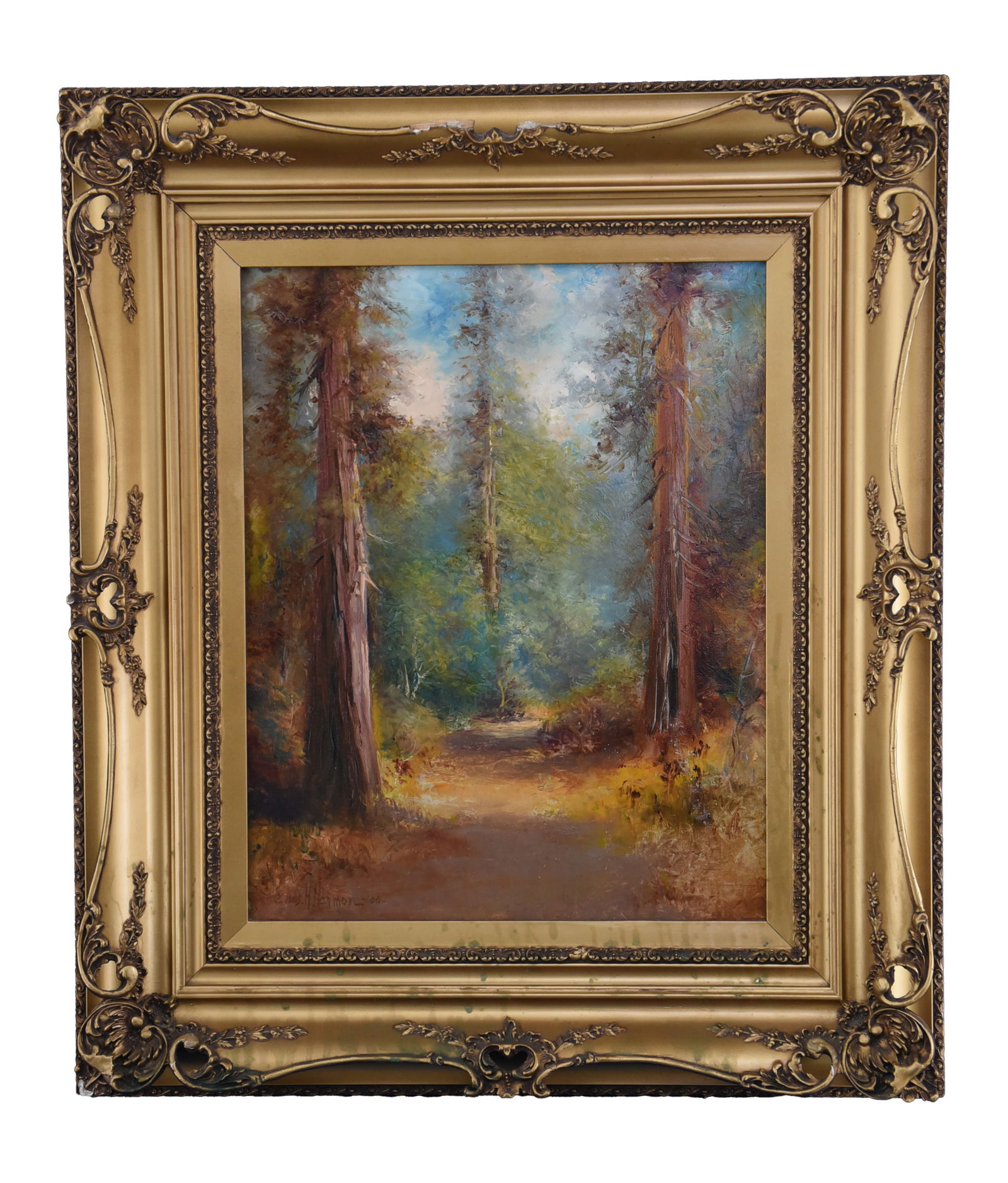 Forest Path, Oil On Canvas: This charming oil on canvas depicts a serene forest scene, inviting the viewer to wander deeper into its depths. Two towering trees with textured brown bark frame a sun-dappled path that recedes into