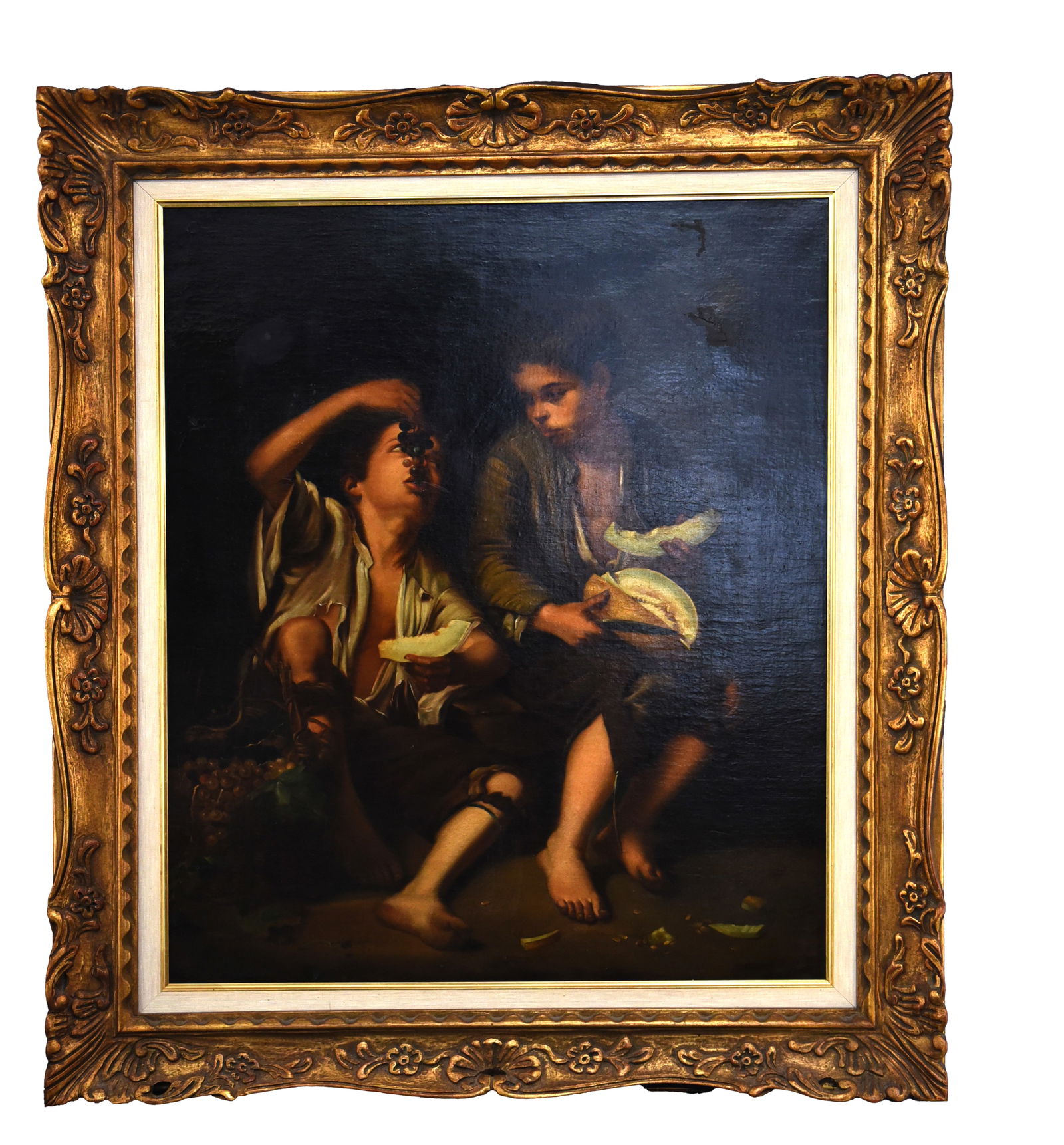 Children Eating Grapes and a Melon After Bartolomé Esteban Murillo: This captivating oil on canvas depicts two young figures in a chiaroscuro style, reminiscent of Baroque or Rococo genre painting. One figure, seemingly a boy, reclines with an expressive gaze directed
