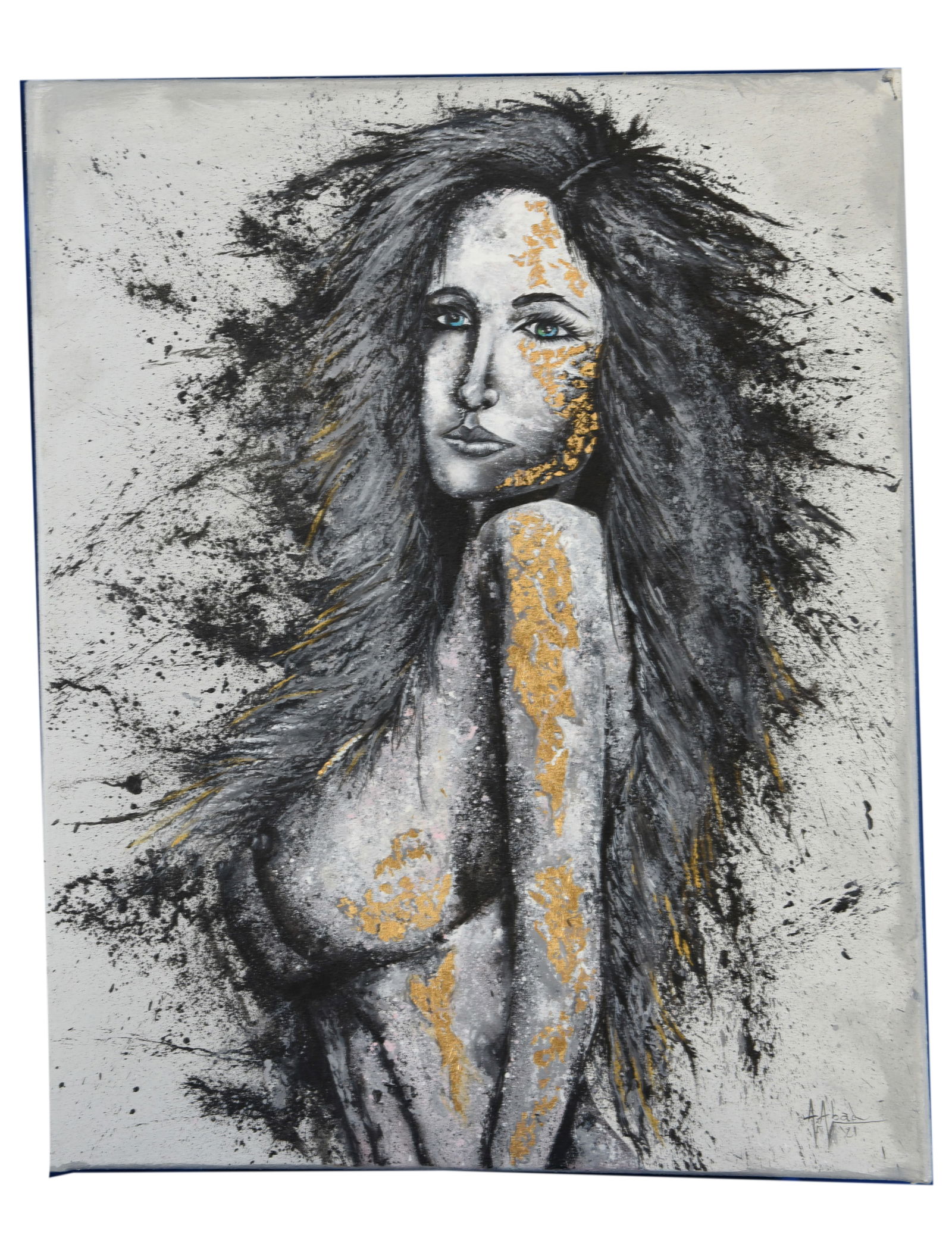 Golden Ember,Acrlyic On Canvas: This captivating acrylic on canvas presents a striking portrait of a woman, rendered with dynamic brushstrokes and a vibrant interplay of textures. Her long, dark, and seemingly wild hair explodes out